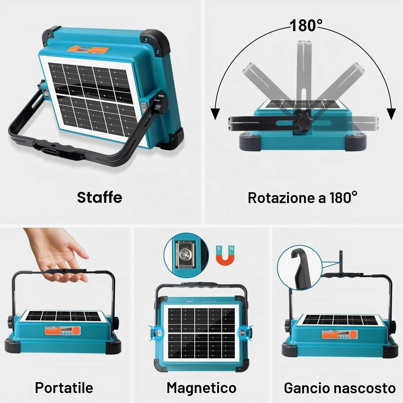 ERAY 100W Faro LED Ricaricabile Batteria da 12000mAh | 5 Modalità, 480 Perle LED, Pannello Solare, Faretto LED da Cantiere per Emergenza, Campeggio, Riparazione, Garage, Esterni
