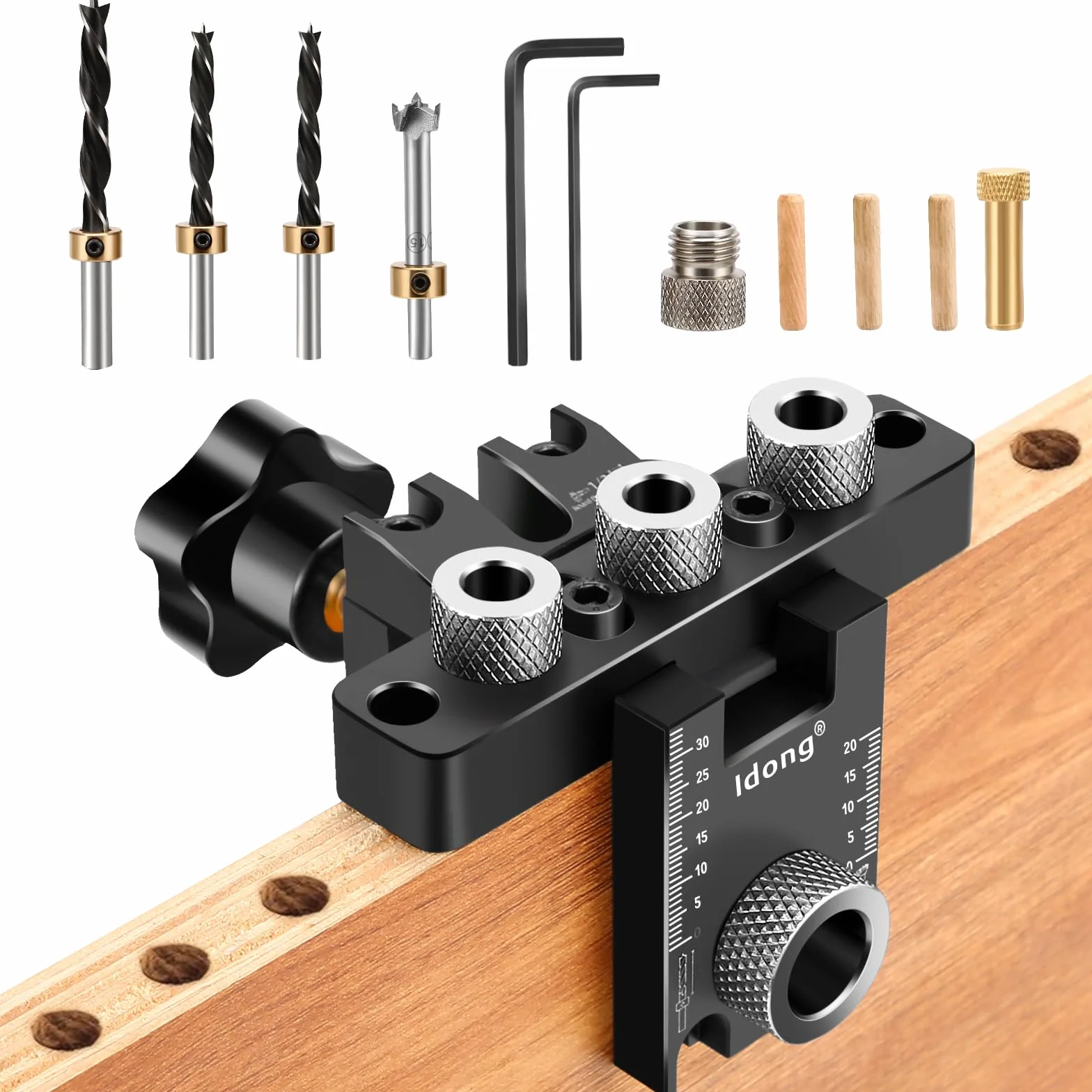 Idong 8/10/15mm Dima per Spinatura Legno 3 in 1 Fori a Tasca Kit Guida Trapano con Clip Regolabile