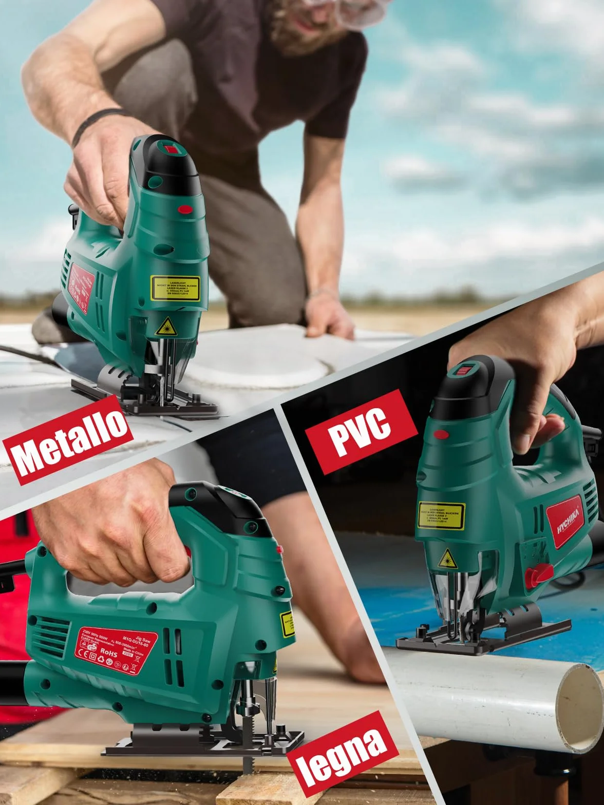 HYCHIKA Seghetto Alternativo 800W, Profondità di Taglio 110mm, 800~3000SPM, 7 Velocità Variabile, Angolo di Inclinazione Regolabile da ±45 °, Adatto per Metallo, Legno