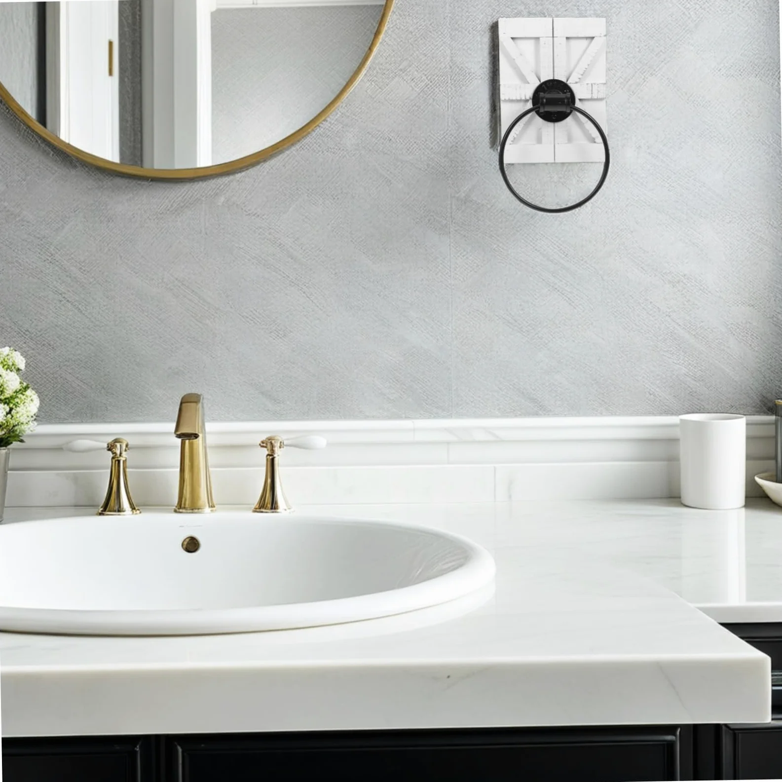 Portasciugamani da Parete Rustico in Ferro Bianco per Cucina e Bagno Design Vintage con Anello Portasciugamani