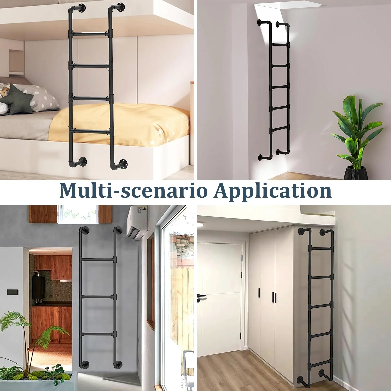 Scala a soppalco in metallo nero Scala a parete, Scala di uscita per ingresso seminterrato in tubo di ferro industriale Scala di sicurezza universale per letto alto esterna appartamenti per camper(260