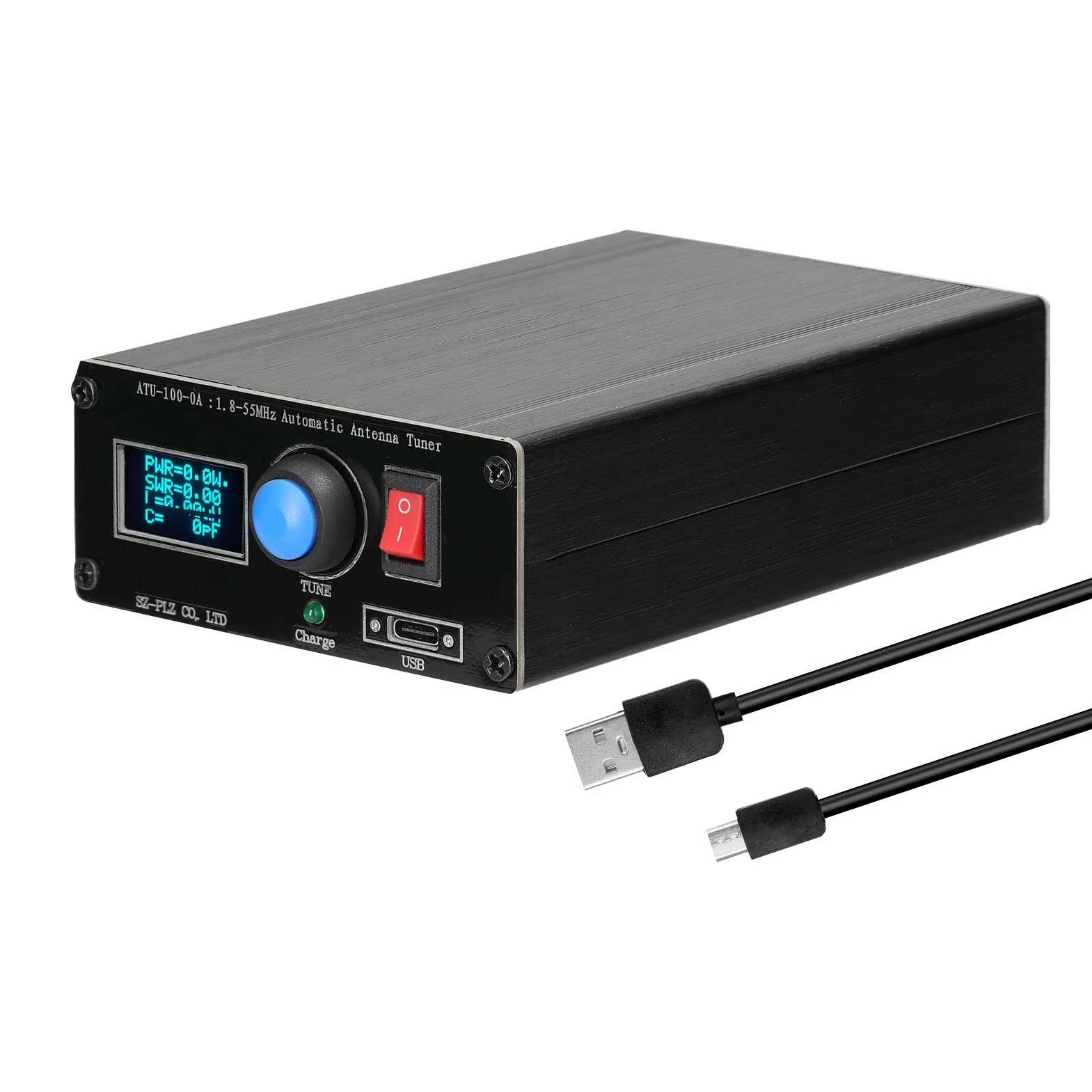 ATU-100-0A 1,8-55 Mini sintonizzatore automatico per antenna da 0,91 pollici, display OLED in lega di alluminio, alloggiamento esterno con batteria da 1800 mAh