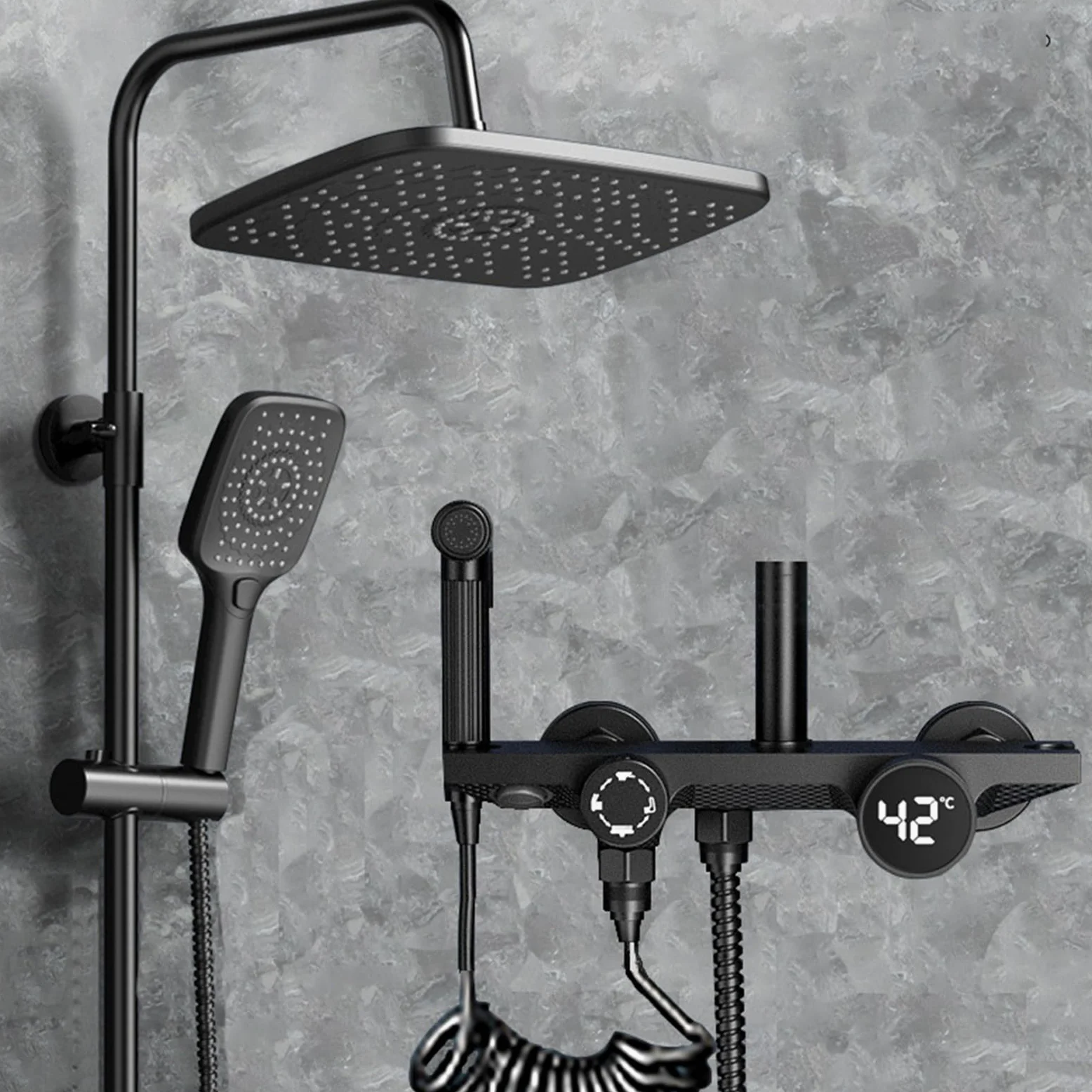 Sistema Doccia a Vista Nero, Set Rubinetto con Display Digitale, Set Combinato a 4 funzioni per Bagno, soffione a Pioggia, doccetta, doccetta per Bidet, beccuccio per Vasca