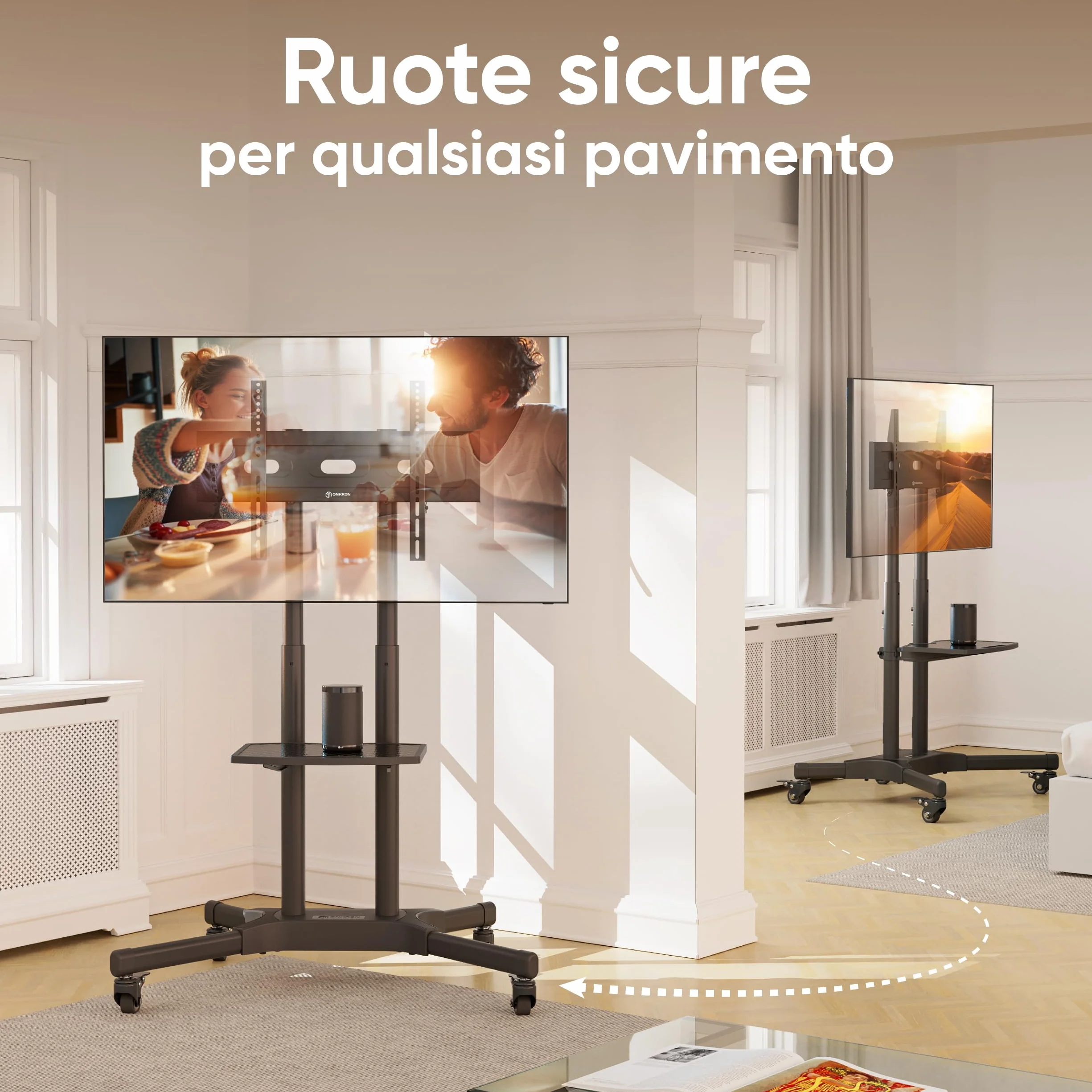 ONKRON Supporto TV da Pavimento 32" - 65", Carico max 50 kg, Porta televisore mobile VESA 100x100-600x400, Carrello TV con Ruote e Ripiano, Piedistallo da Terra, Altezza regolabile, Nero, TS1351-B
