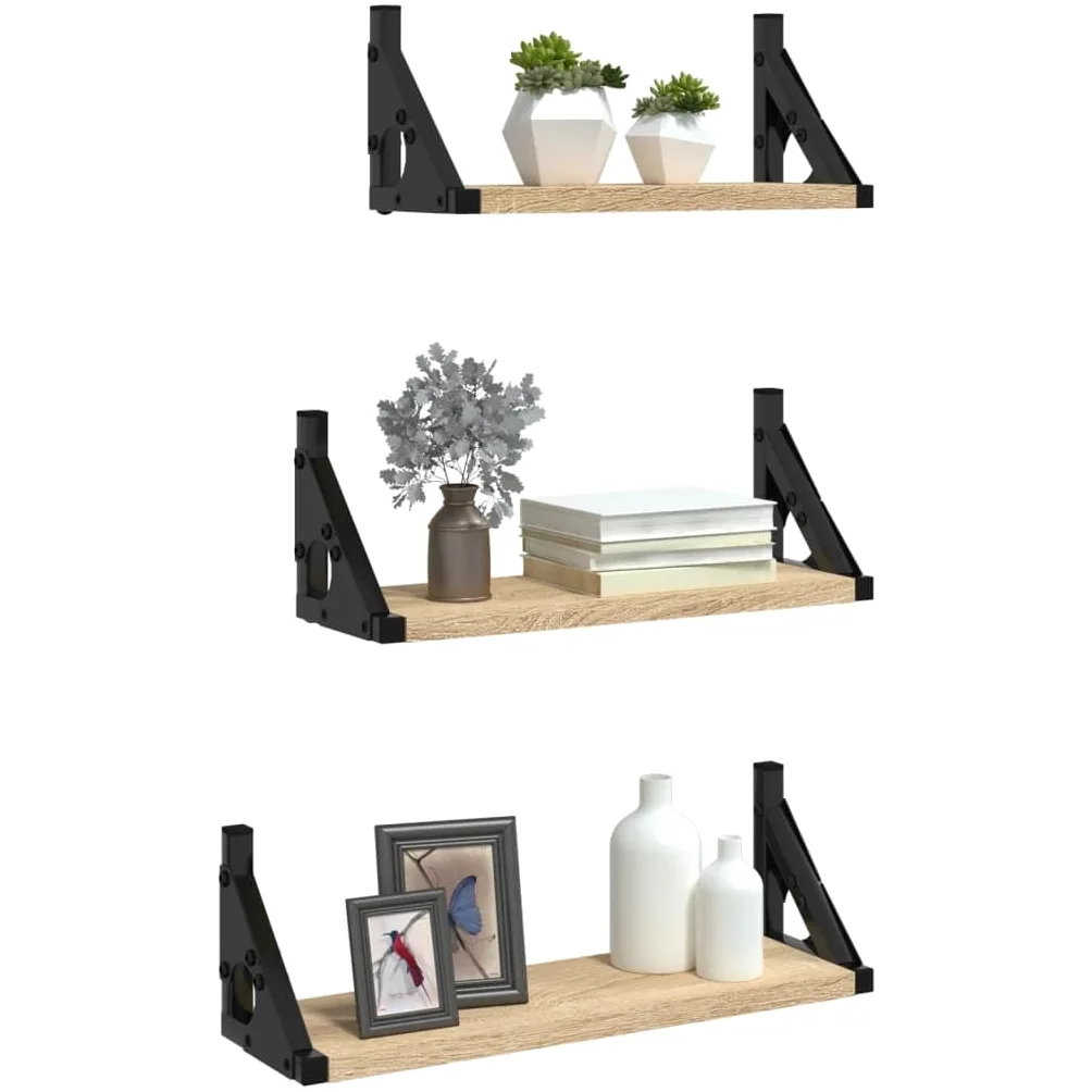 Set di 3 mensole da parete in legno di rovere Sonoma, mensole sospese, mensole sospese, per soggiorno, camera da letto, cucina, salvaspazio, con supporto stabile, ideale per ordine e