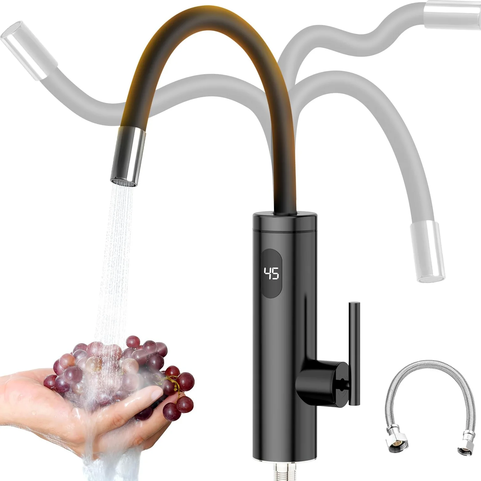 Rubinetto per Acqua Calda Istantanea, 3300W Acciaio Inox Elettrico con Scaldabagno Integrato, con 40cm Tubo di Alimentazione, 360° Tubo Flessibile Girevole, Controllo Della Temperatura a LED, Nero