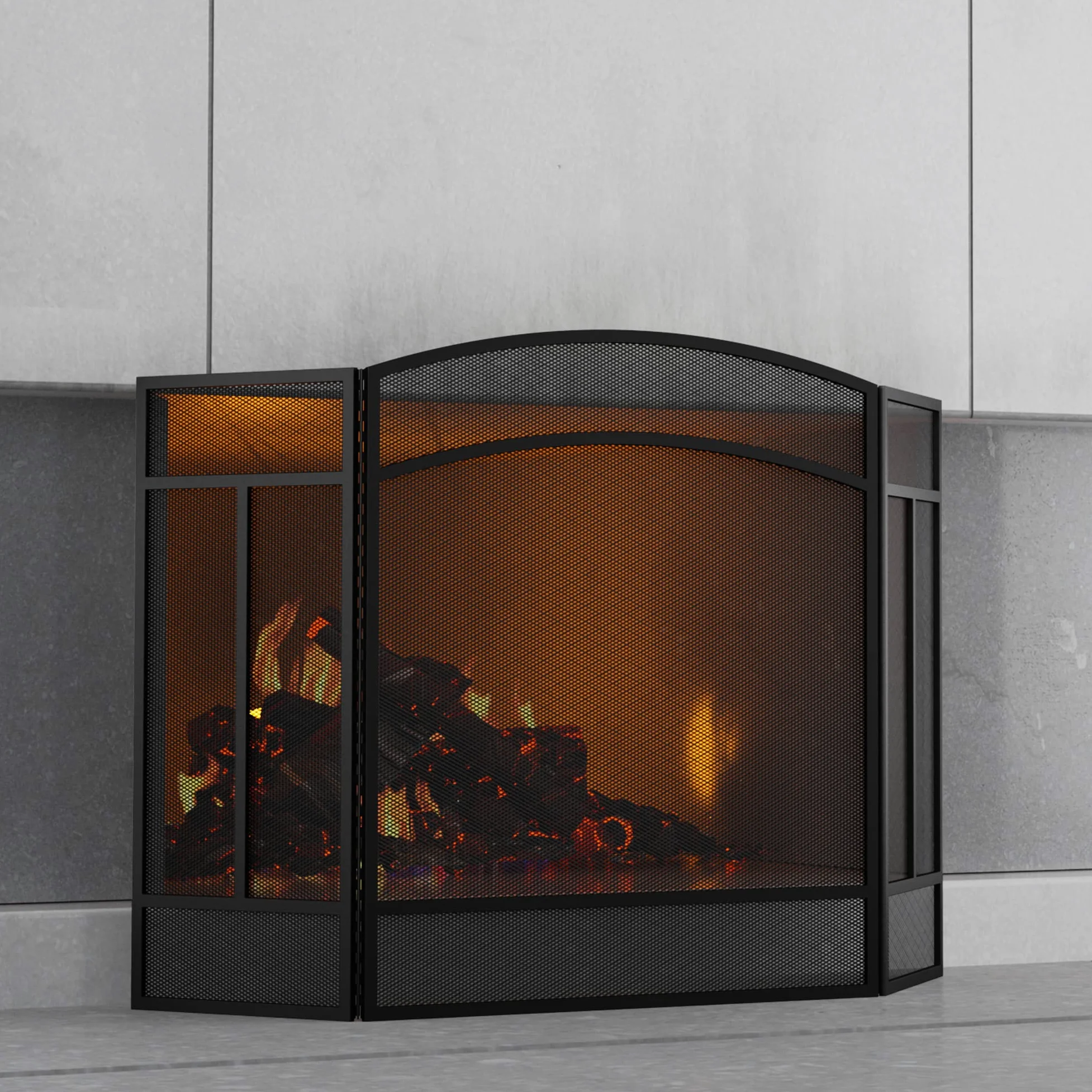Fire Beauty Paravento per camino a 3 pannelli, in ferro battuto, 122 x 73,7 cm (lunghezza x altezza), colore: nero