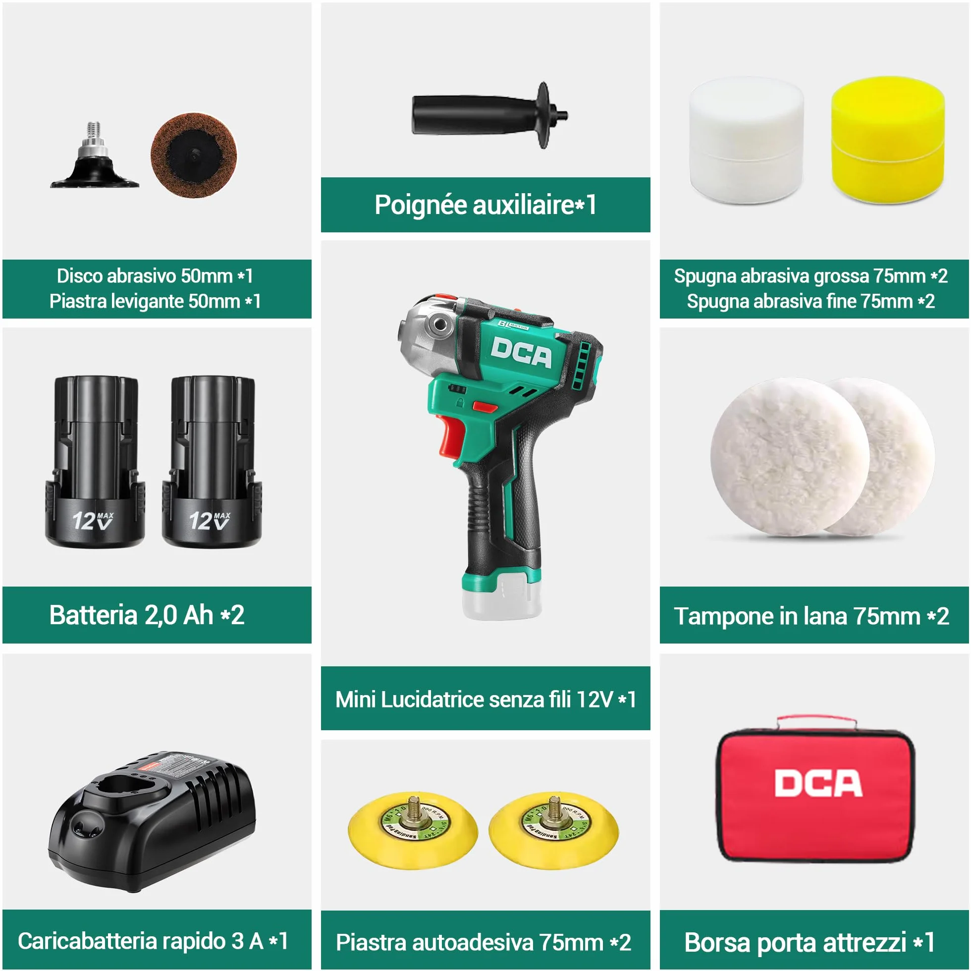 DCA Lucidatrice Auto a Batteria 12V 75mm Mini Lucidatrice Rotativa Senza Spazzole 50mm Levigatrice 2 Batterie 2,0Ah 2 Velocità 2800-8300 RPM