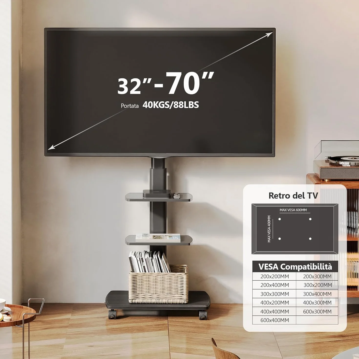 FITUEYES Supporto TV Da Pavimento Mobile Con 3 Ripiani Per TV 32–70 Pollici Fino A 40 Kg, Altezza Regolabile E Girevole, VESA Massimo 600×400, Ideale Per Appartamenti E Uffici