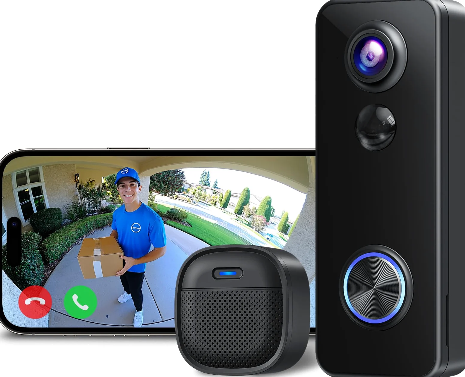 XTU Videocitofono wireless, 2K HD, con campanello intelligente per porta, vista dalla testa ai piedi, funzionamento a batteria, rilevamento del movimento PIR, visione notturna, audio a 2 vie, scheda