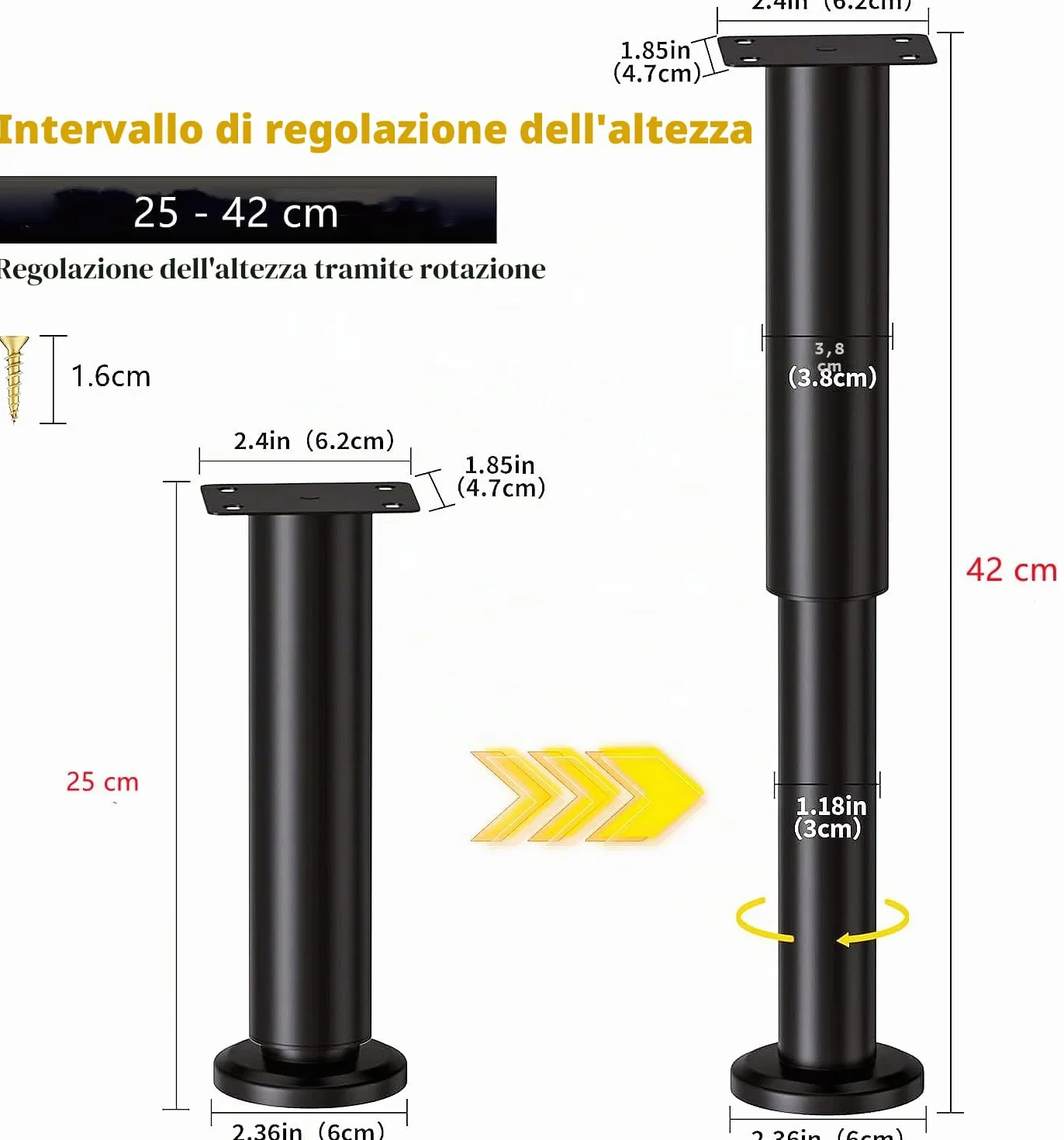 Gambe da Tavolo in Metallo Regolabili 25-43 cm Nero con Kit Cacciavite e Viti