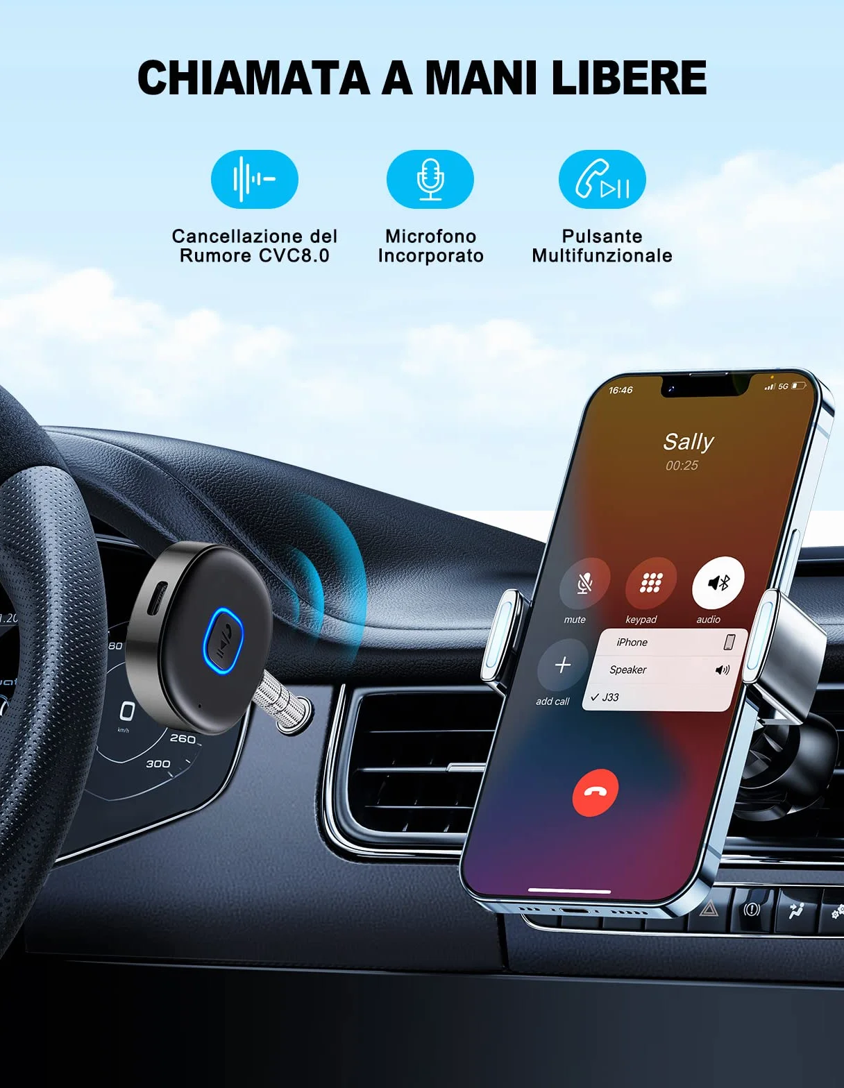 Mohard Ricevitore Bluetooth 5.3, Mini Aux Bluetooth Auto per Stereo/Cuffie Cablate/Altoparlante, Jack 3.5 mm Adattatore Amplificatori, 16 Ore di Riproduzione, Chiamate in Vivavoce, Connessione Doppia
