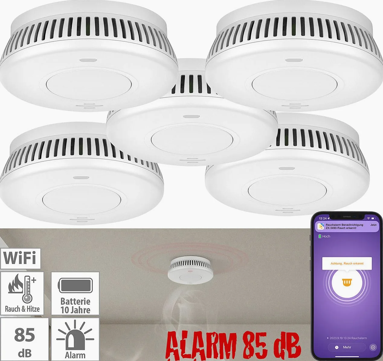 VisorTech rilevatore fumo tuya: set da 5 Rilevatore di fumo WLAN, batteria integrata di 10 anni, 85 dB (set, allarmi antincendio, radio)