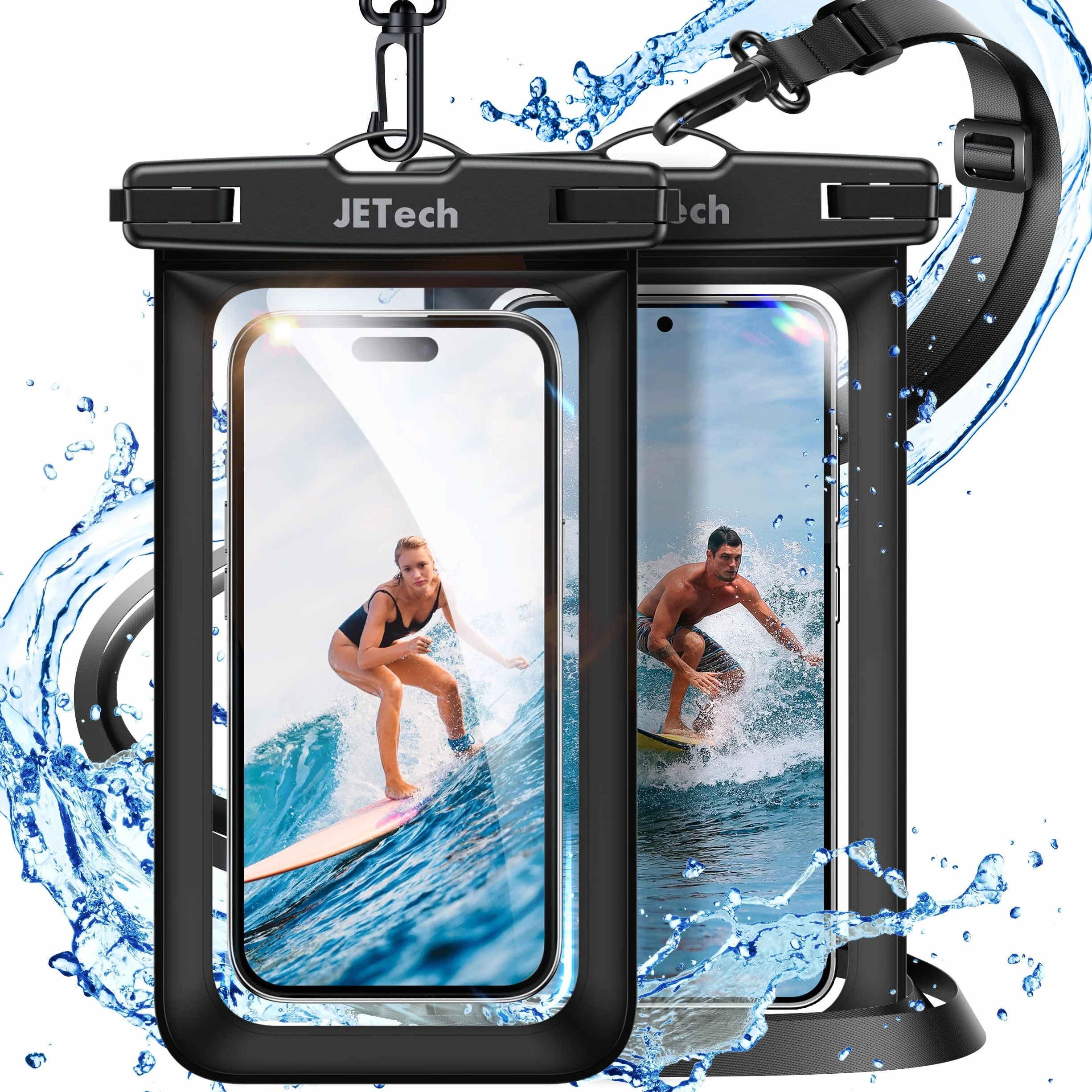 JETech Custodia Impermeabile Smartphone, 2 Pezzi Cover per iPhone 17e 17 16e 16 15 14 Air Pro Max Plus, Galaxy S26 S25 Ultra, Pixel 10 Serie e Altri Fino a 7,2", IPX8 Borsa Asciutta (Nero+Nero)