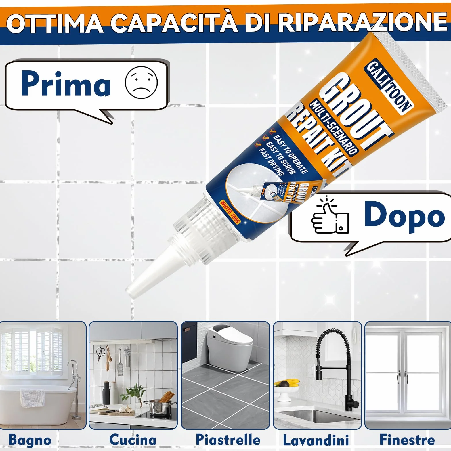 Kit Riparazione Fughe Piastrelle Asciugatura Rapida Bianco 200G