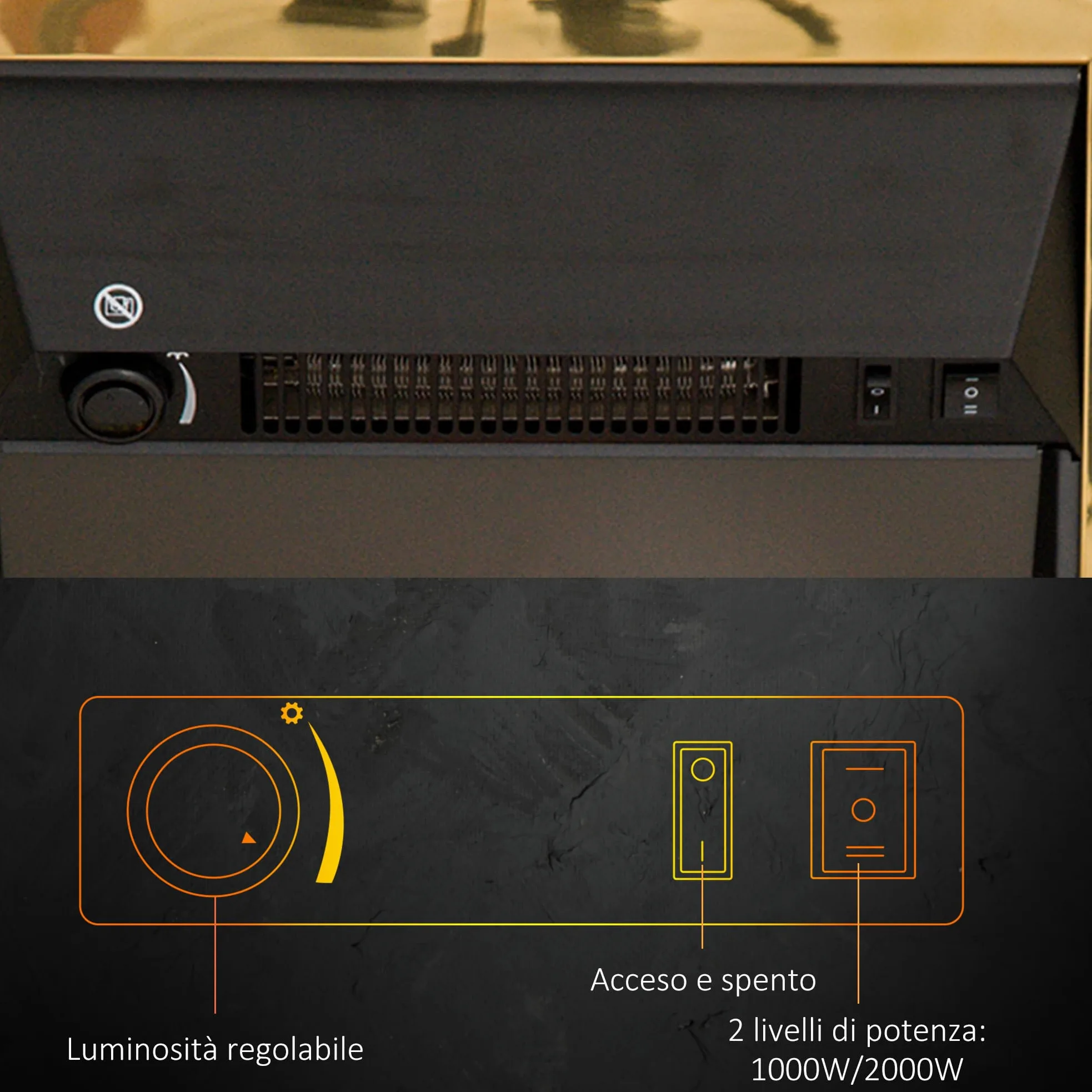 HOMCOM Camino Elettrico da Terra 1000/2000 W, Effetto Fiamma LED, Oro | Caminetto Elettrico, Protezione da Surriscaldamento e Ribaltamento, Riscaldamento Regolabile