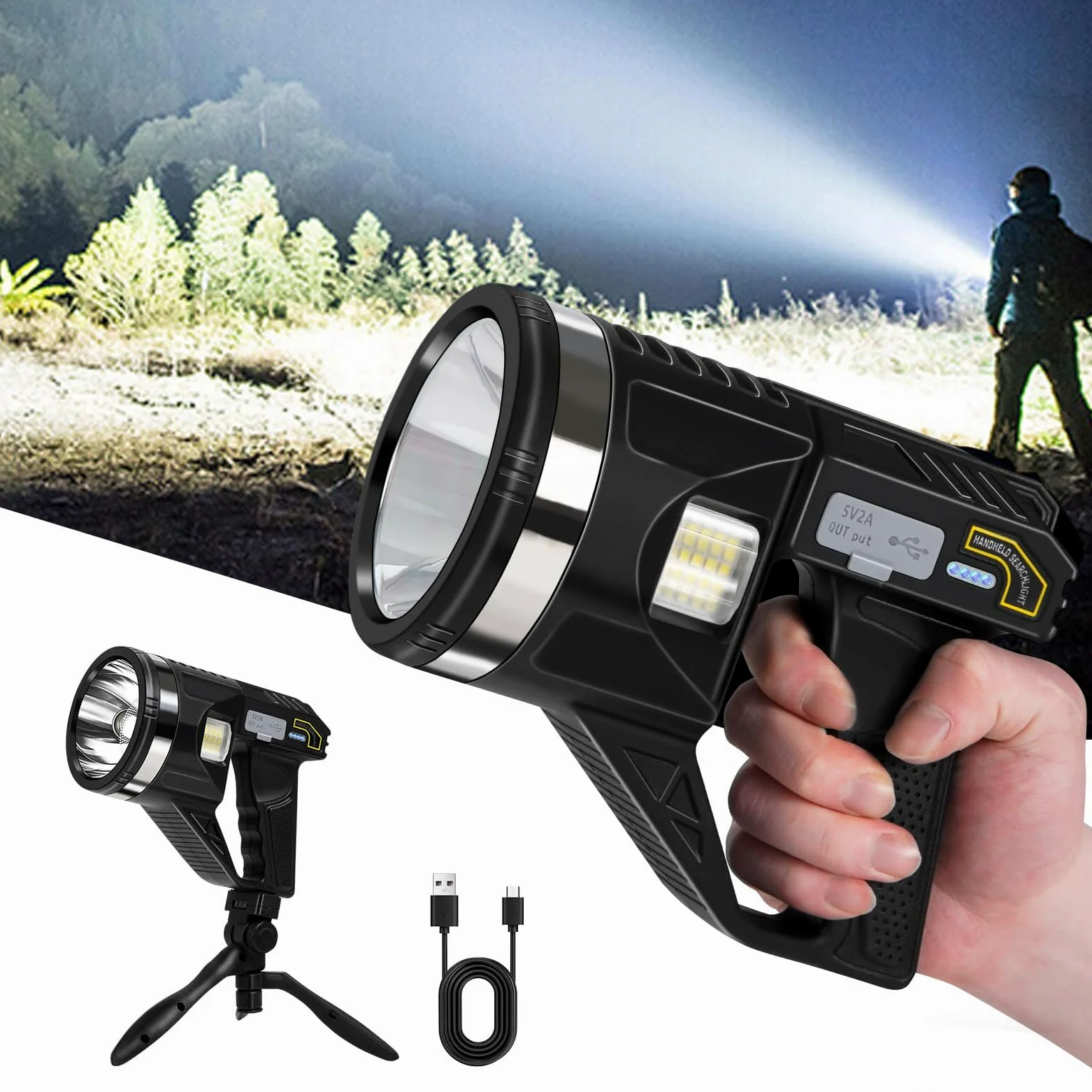 Torcia LED Ricaricabile con Proiettore - 1500 Lumen Super Luminosa, 6 Modalità, IPX7 Impermeabile, 4500mAh 25H, Luce COB, Treppiede Regolabile per Esterno, Sicurezza, Emergenza