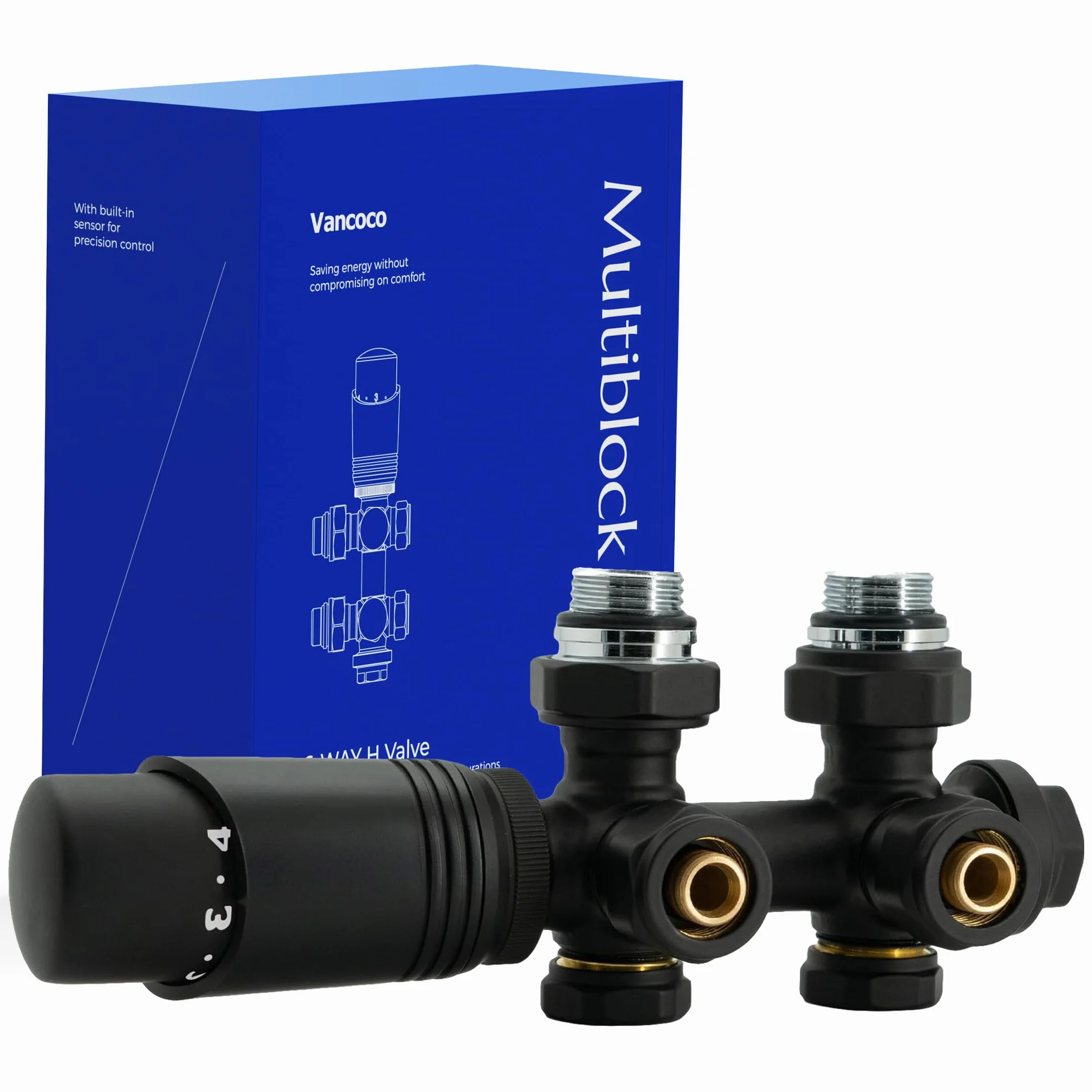 VANCOCO Nero Opaco Valvola Radiatore Angolare H, Attacco Centrale 50mm Universale con Testa Termostatica
