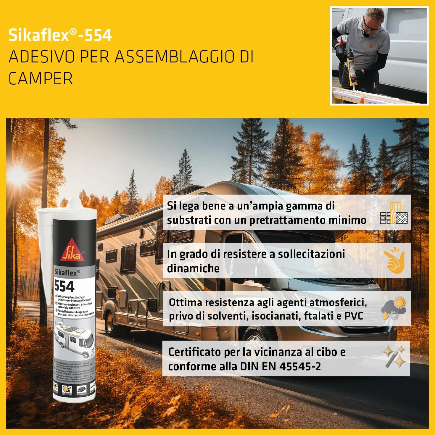 Sikaflex-554 Adesivo per assemblaggio camper Bianco 300ml Incollaggio strutturale ad alta elasticità