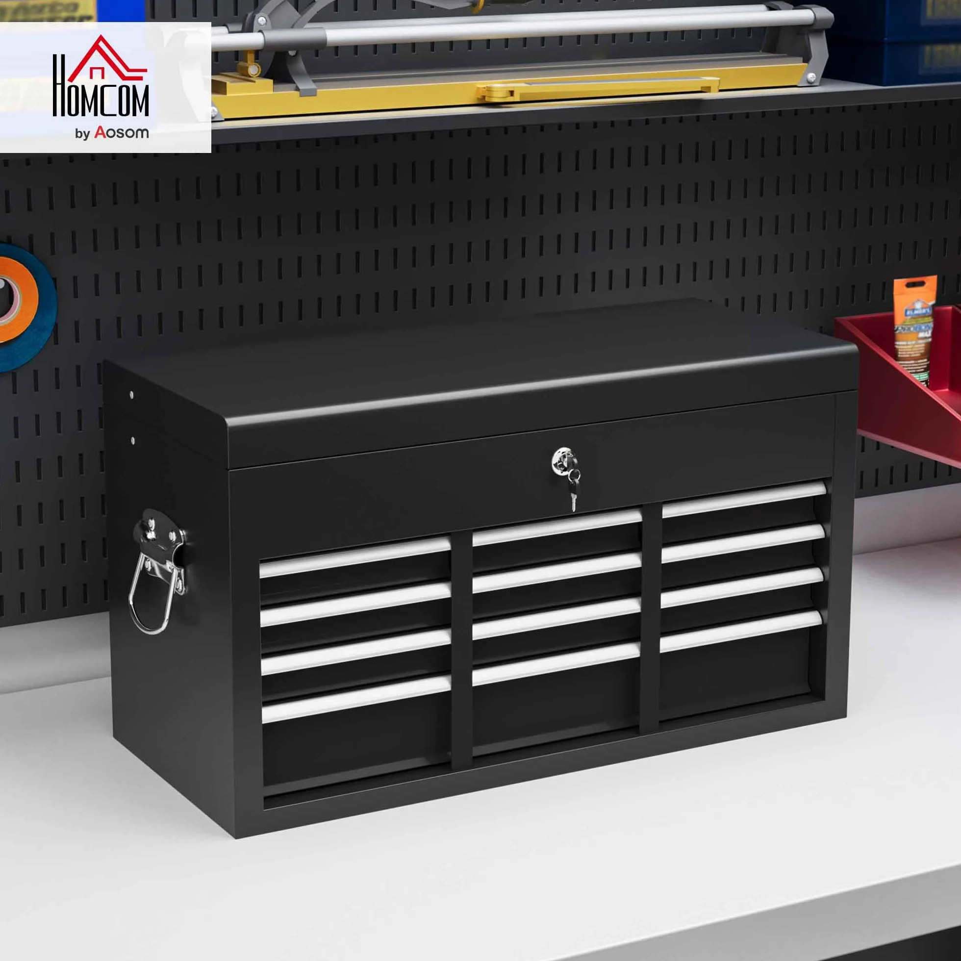 HOMCOM Cassetta Porta Attrezzi 6 Cassetti con Serratura, Acciaio Guide Sfera, 60x26x34 cm, Nero