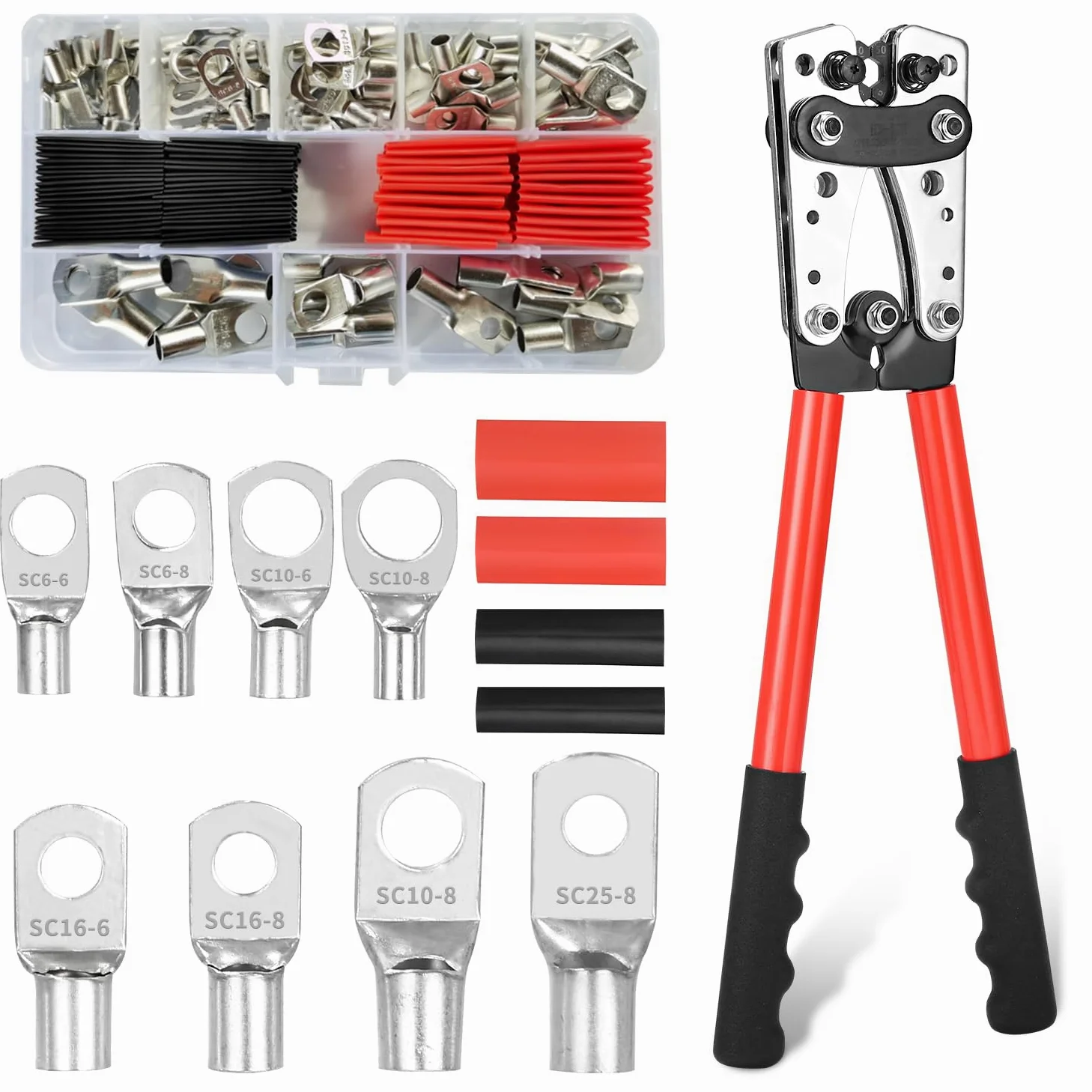 Pinza crimpatrice 6/10/16/25/35/50 mm², grande pinza crimpatrice 10-1/0 AWG con 8 misure, 60 morsetti ad anello in rame + 60 tubi termoretraibili, rosso