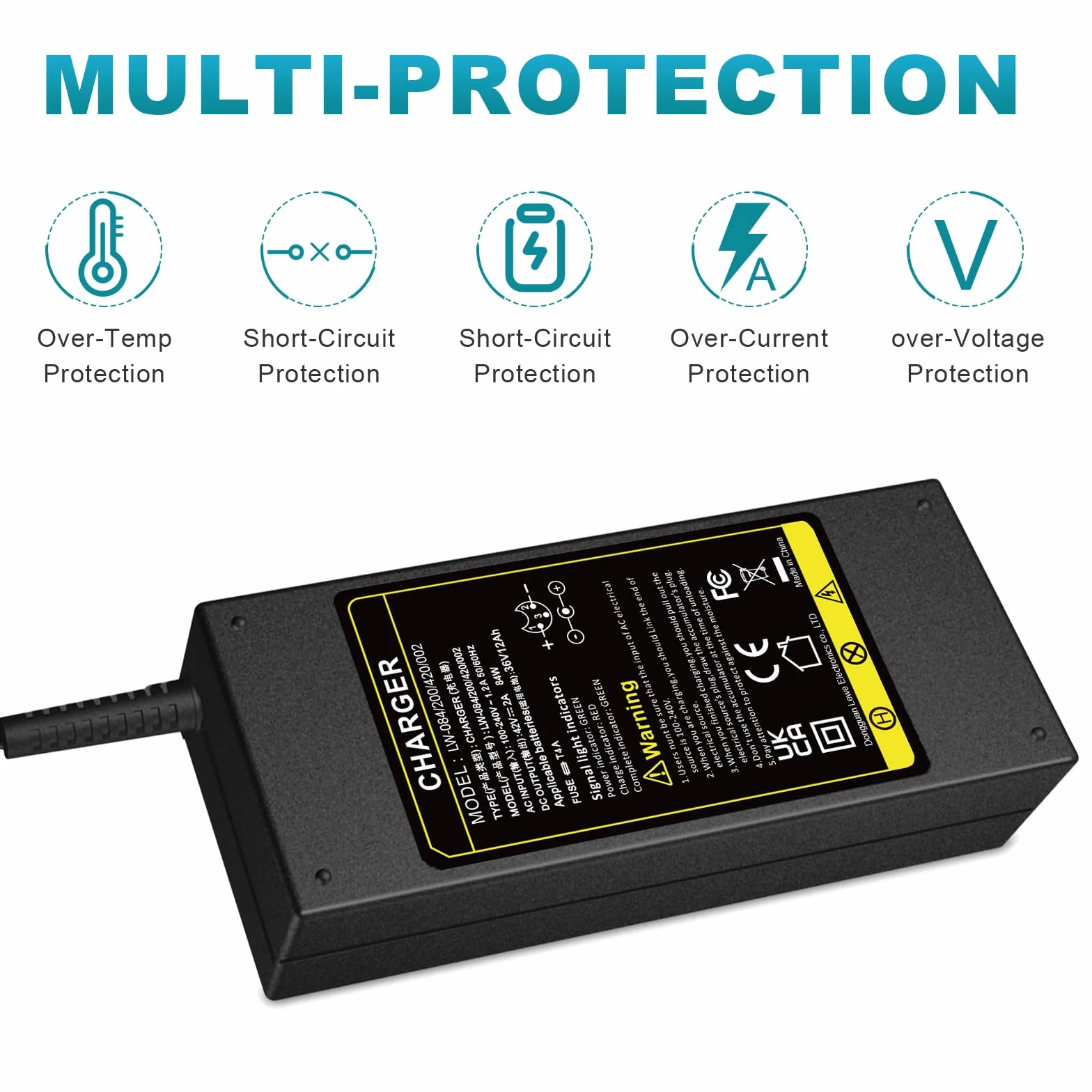 Labtec Caricabatteria 42V 36V 2A per Batteria al litio con connettore XLR a 3 pin per Bici Elettrica Monopattino Elettrico Sedia a Rotelle Elettrica