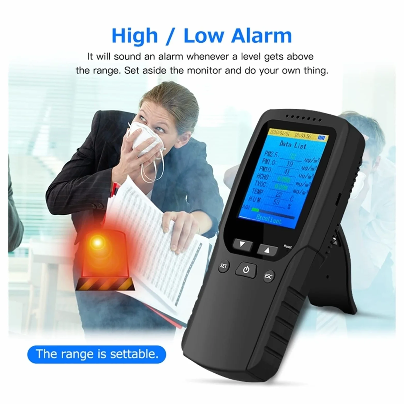 Rilevatore Gas, Monitor della qualità dell'Aria 9 in 1 Indoor Outdoor PM2.5, PM1.0, PM10, HCHO, rilevatore Tester Sensore di Temperatura e umidità per Lavoro, Casa