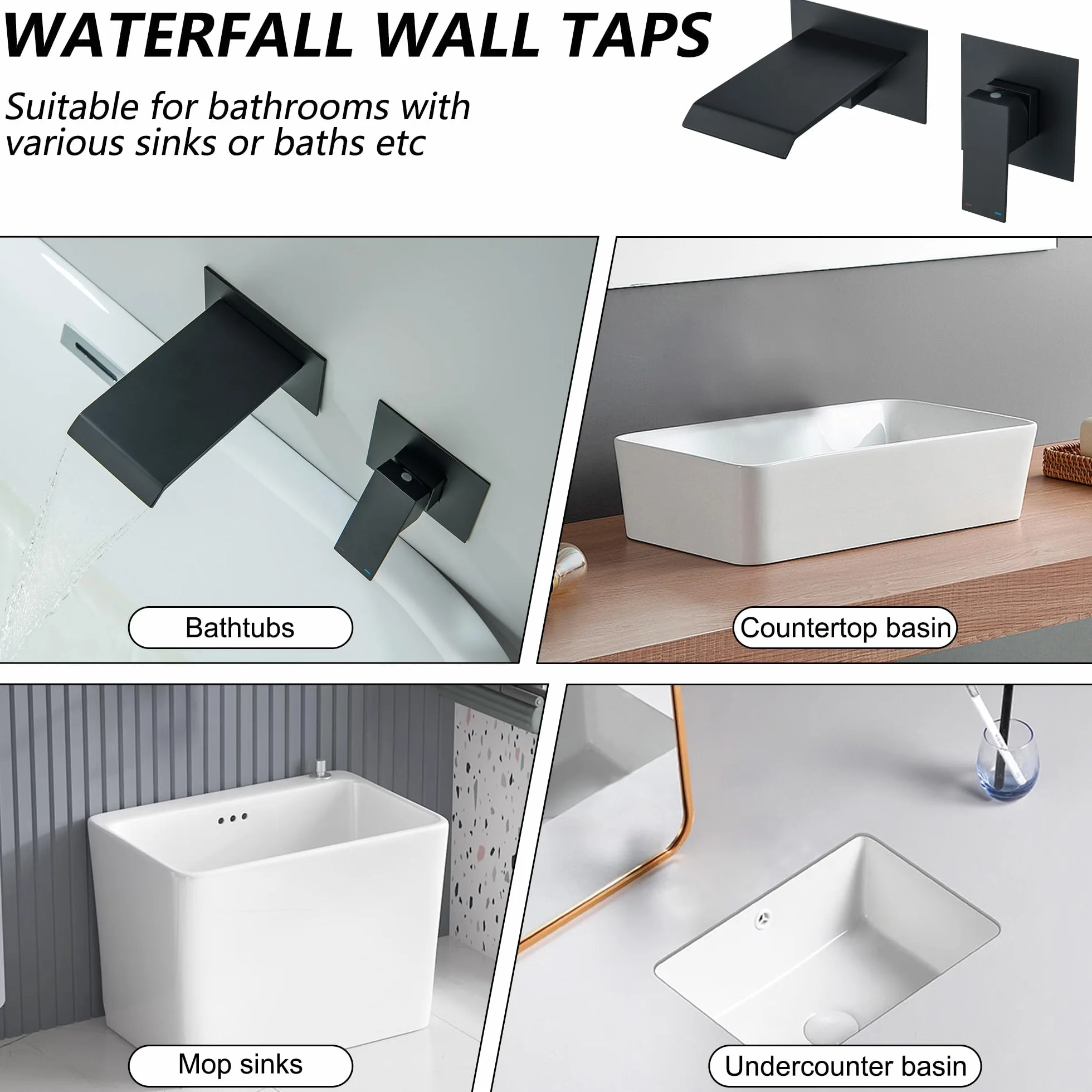 Rubinetto da bagno a parete con bocca a cascata in ottone nero opaco, riempitore da bagno a muro