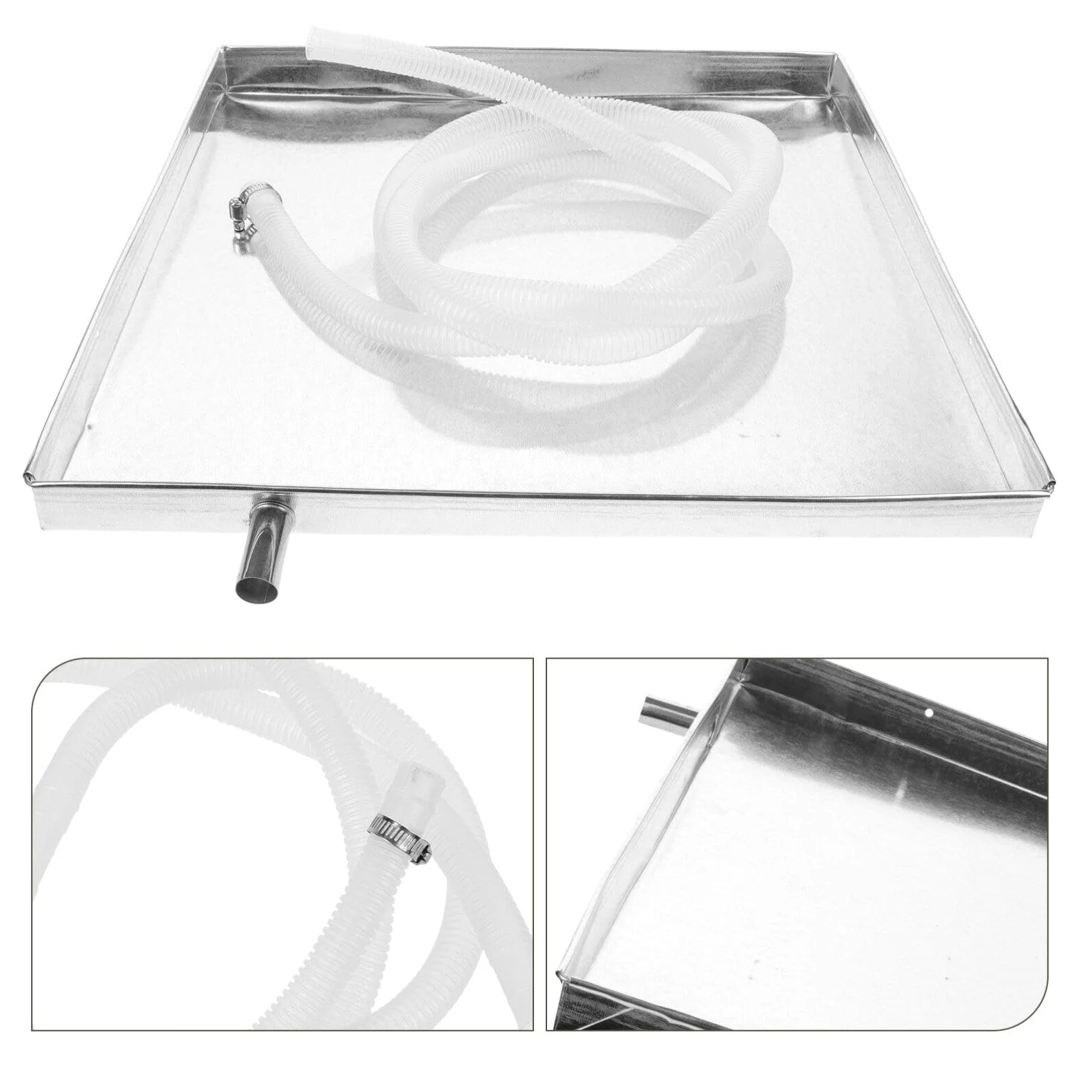 Jojofuny Vaschetta Raccolta Acqua Condizionatore in Acciaio Inox 15.75"X15.75"X1.38" Con Tubo Scarico E Clip Universale Per Unità Esterne Casa Protezione Anti Perdite