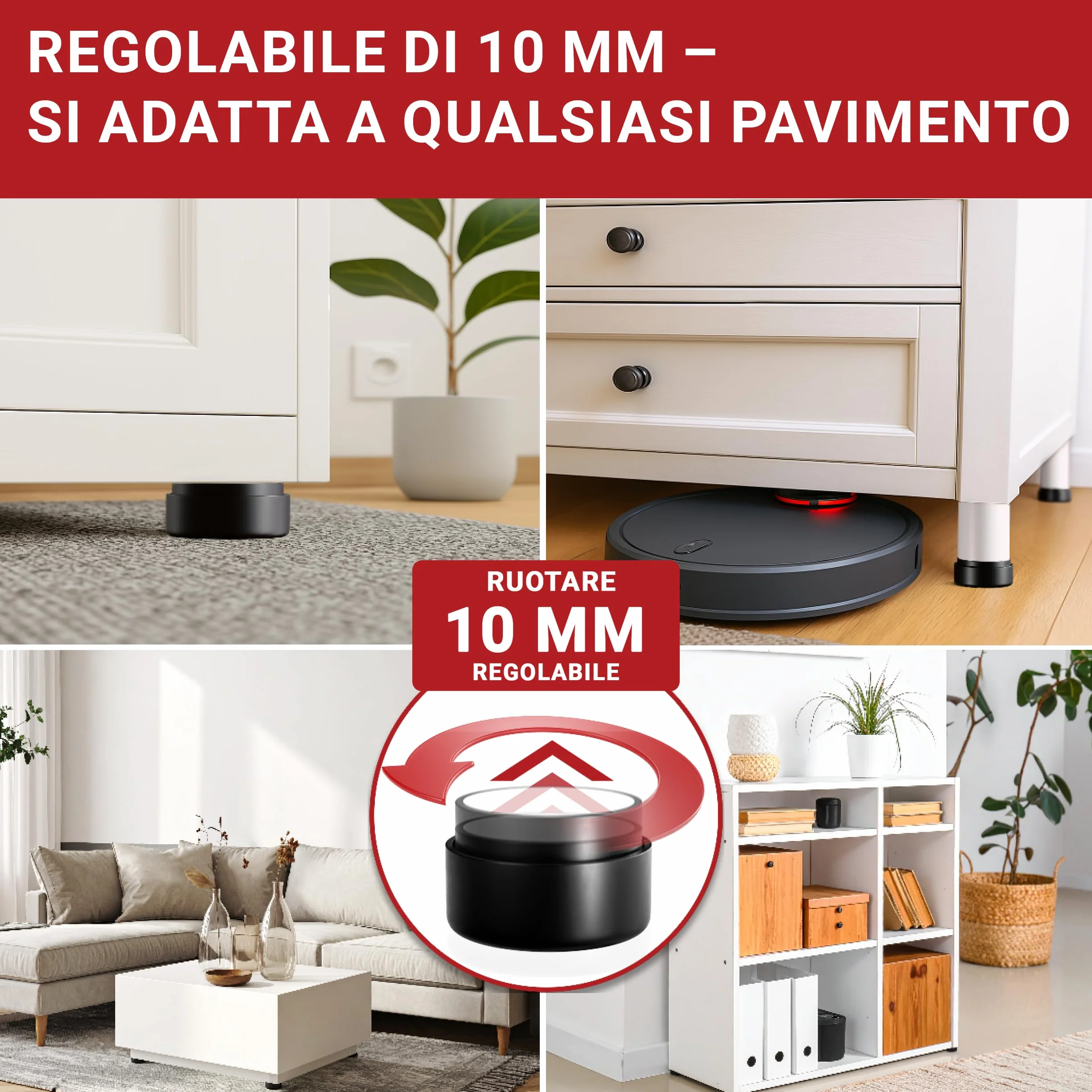 LouMaxx Piedini per Mobili Adesivi Regolabili Ø 53,5 mm – Set da 4