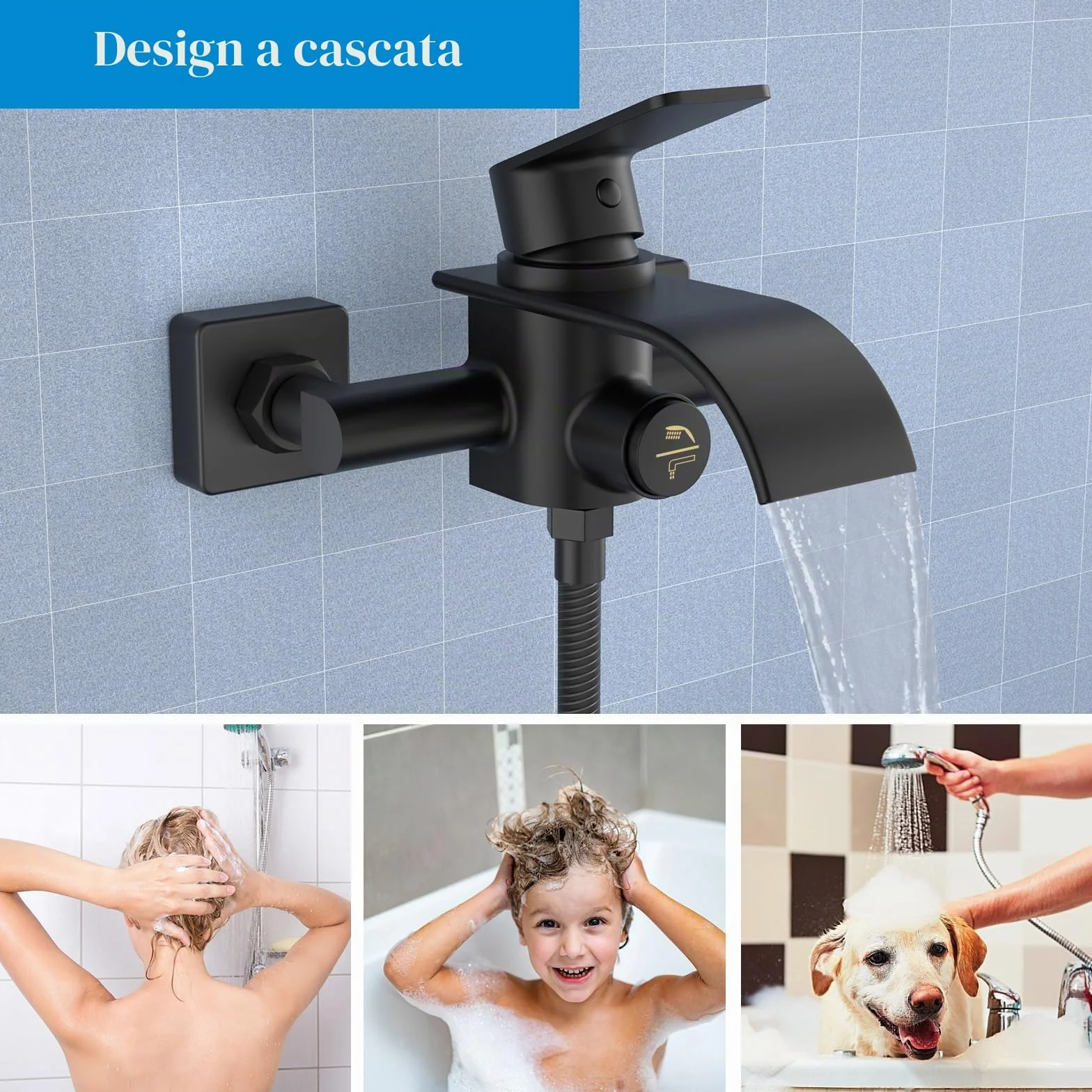 KULACO Rubinetto per Vasca da Bagno a Cascata, Nero, Monomando con Interruttore a Pressione, Materiale in Ottone, Reversibile, Montaggio a Parete