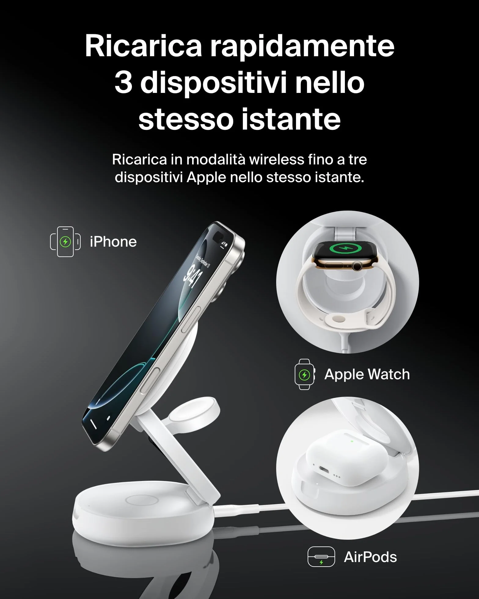 Belkin BoostCharge Caricatore Wireless Compatibile con MagSafe, Stazione di Ricarica wireless 3 in 1, Qi2 15 W per iPhone 17, Air, Apple Watch, AirPods, Pixelsnap, alimentatore da 36W - Bianco