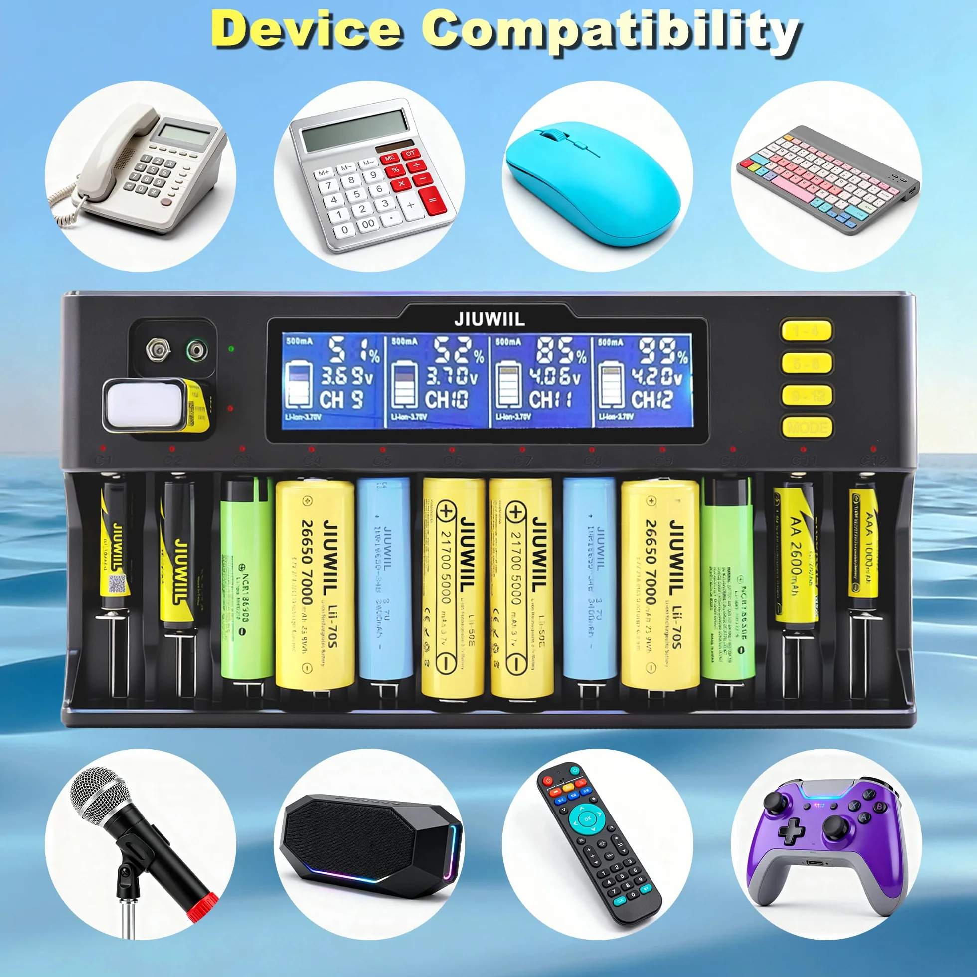 Caricabatterie 18650, JIUWIIL 12+2 slot Caricabatterie universale a ricarica rapida con display LCD per batterie ricaricabili Li-ion LiFePO4 RCR123 18650 26650 10440 14500 & 9V