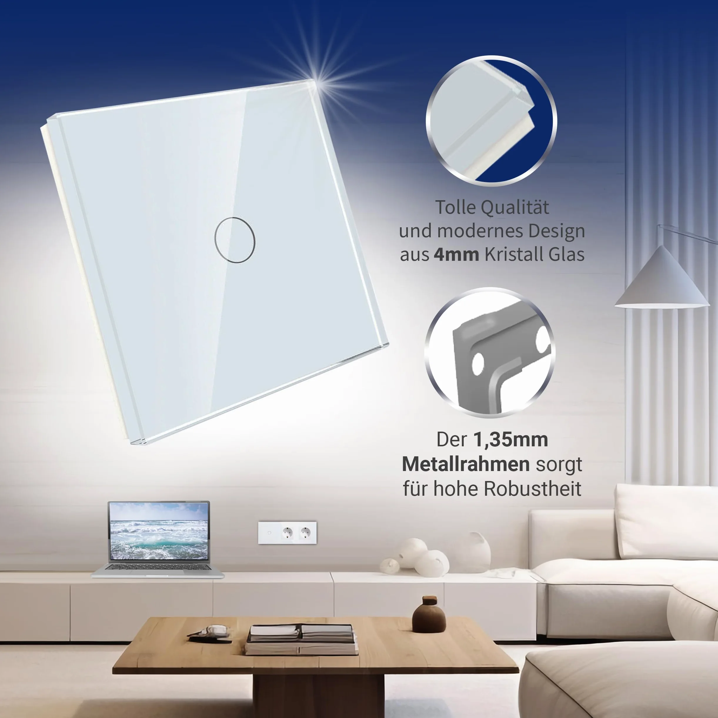 PULSAR Set di 2 interruttori per tapparelle Wi-Fi, compatibili con Alexa, Google Home, vetro bianco, interruttore per tapparelle WiFi Smart da incasso, 1 volto, interruttore per tapparelle WiFi Touch