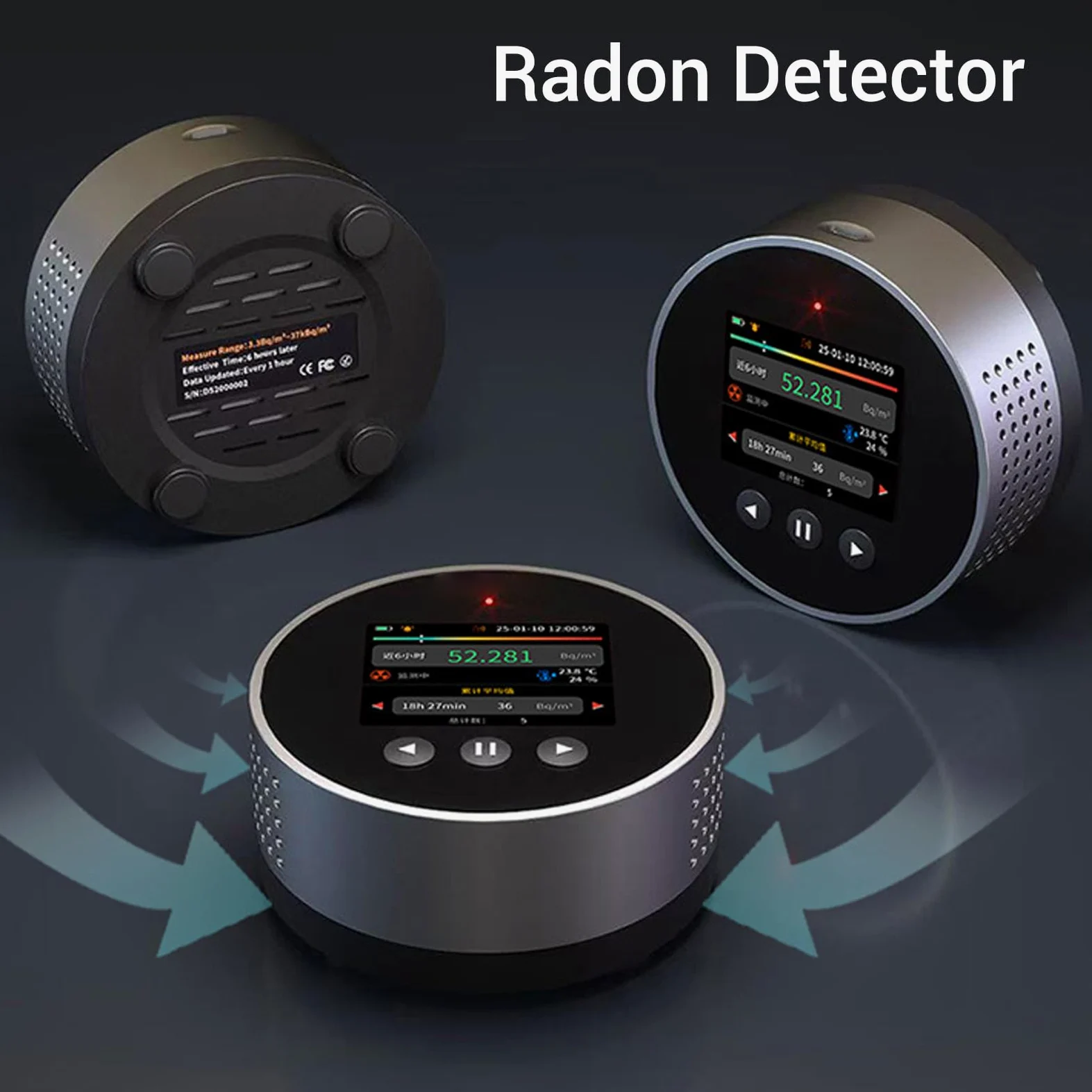 Rilevatore di Radon, Letture a Lungo Termine a Breve Termine, Display LCD, Alimentato a Batteria Ricaricabile, Portatile Compatto per Casa, Ufficio, Seminterrato Scolastico con
