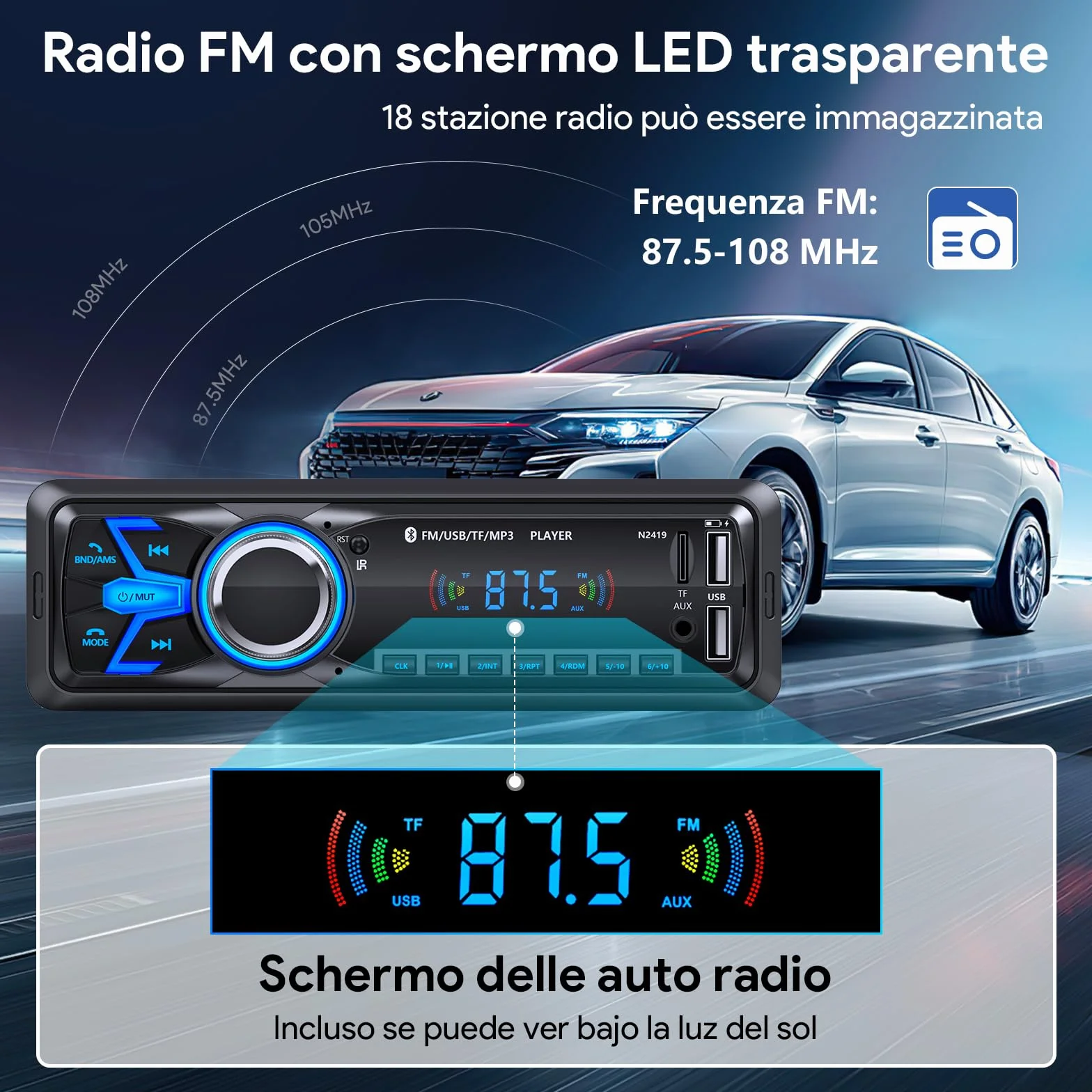 Autoradio Bluetooth,Wistrue Stereo Auto Bluetooth Autoradio 1 DIN FM Radio Auto Lettore MP3 Supporta 2 USB/Ricarica rapida/SD/AUX/Telecomando/supporto iOS/Android