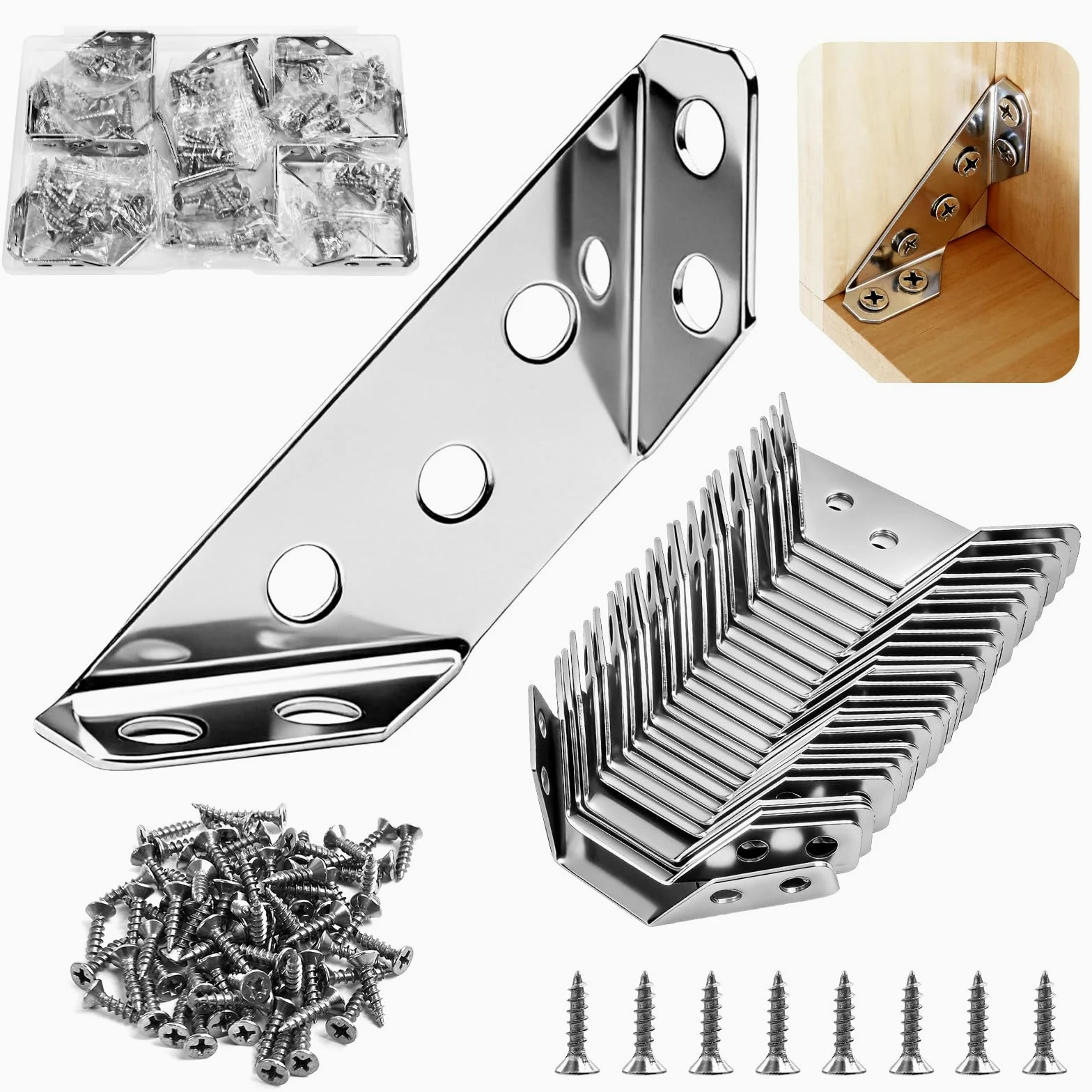 Confezione da 24 staffe angolari in acciaio inox di alta qualità per legno, resistenti per mobili, staffe angolari per armadi, tavoli, sedie, cassetti, staffe triangolari universali in metallo con 144