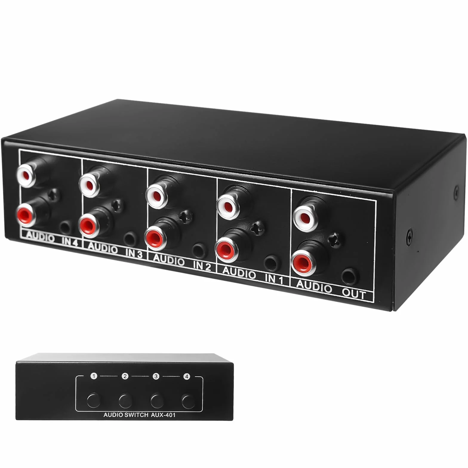 Aicharynic Interruttore Audio 4 in 1 out, Commutatore Audio 3,5 Mm Aux + RCA L/R, Interruttore Audio Bidirezionale, Scatola di Selezione Audio, Splitter Audio Video per Cuffie