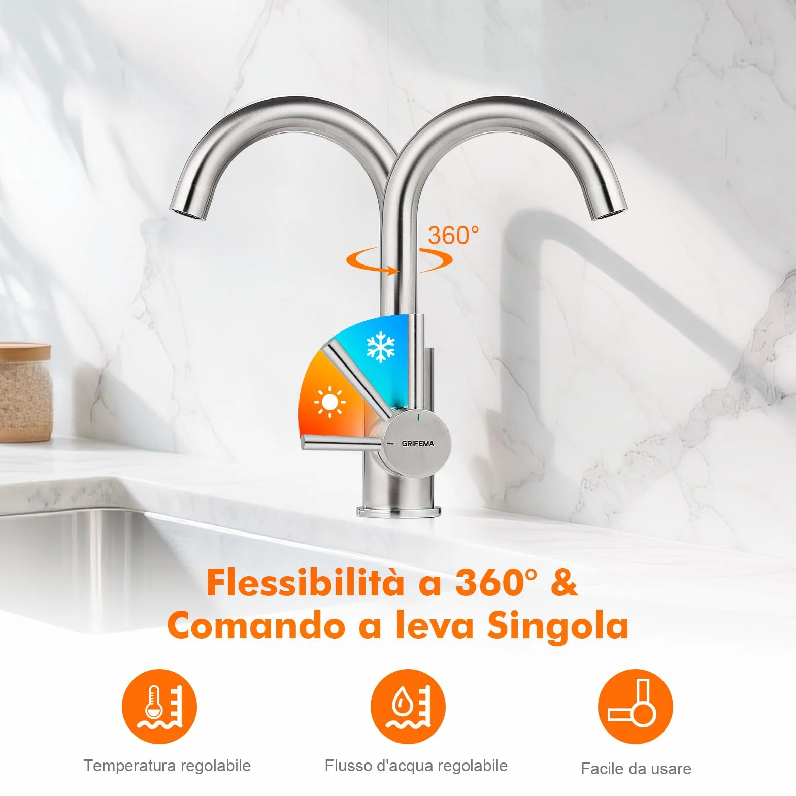 GRIFEMA Miscelatore Lavabo Bagno Alto Grigio Opaco, Rubinetto Girevole a 360° in Ottone, Monocomando Moderno Antracite per Lavandino, Bocca Alta 180mm, Design Anti-corrosione, Attacco G3/8, G1002A