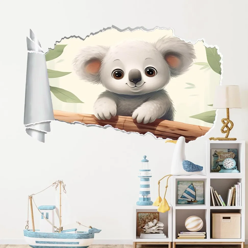 Decalcomanie da muro Art 3D Fracassato Animali Koala Adesivi murali Foglie Carta da parati Camera da letto autoadesivo per ragazze Camera da letto Nursery Home