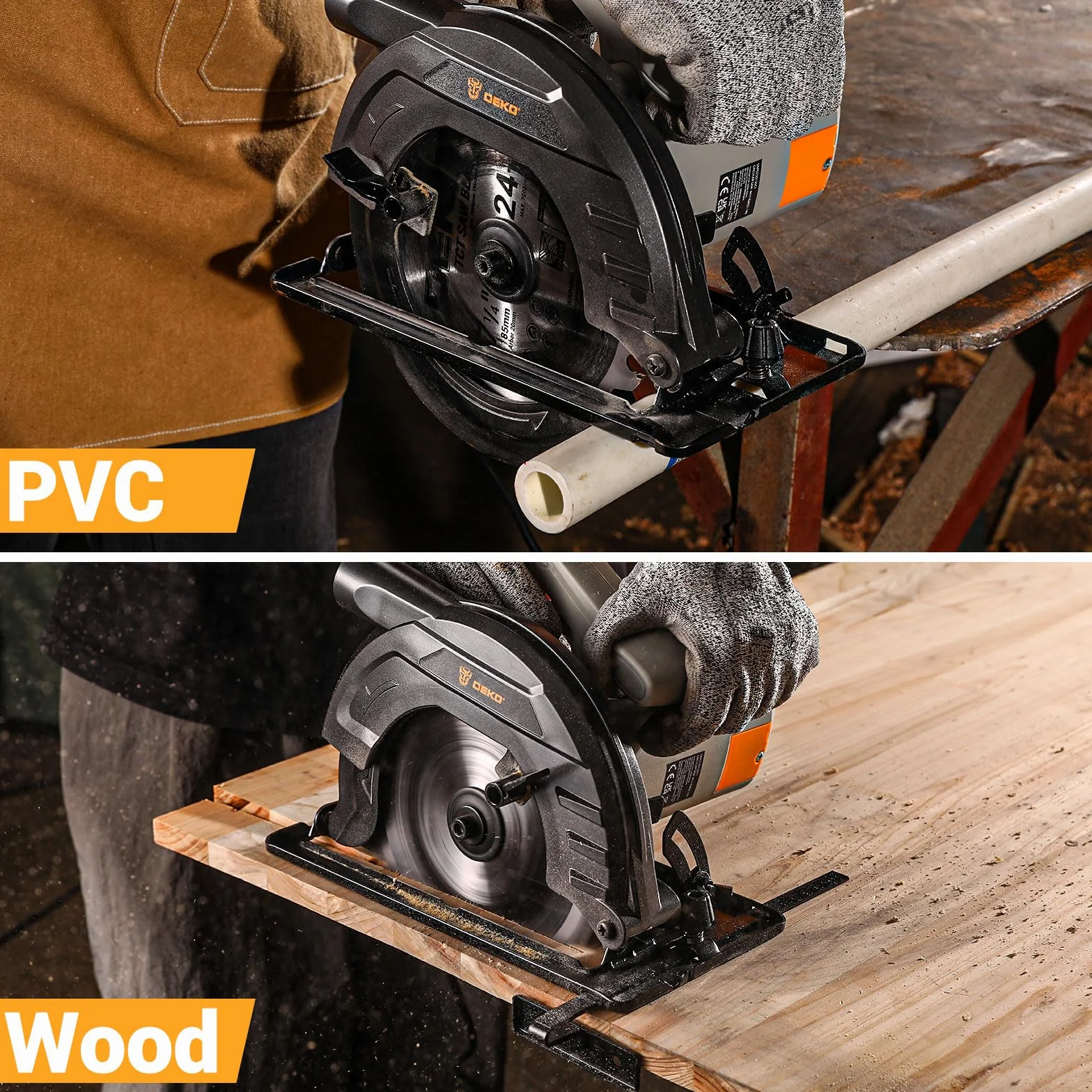 Sega circolare per legno Sierra Circular 1200W: DEKOPRO Sega circolare con binario guida, Hoja de sierra Ø185mm(24T), Profondità massima di taglio 65mm (90°), 43mm (45°), Ideale per Tagliare Legno