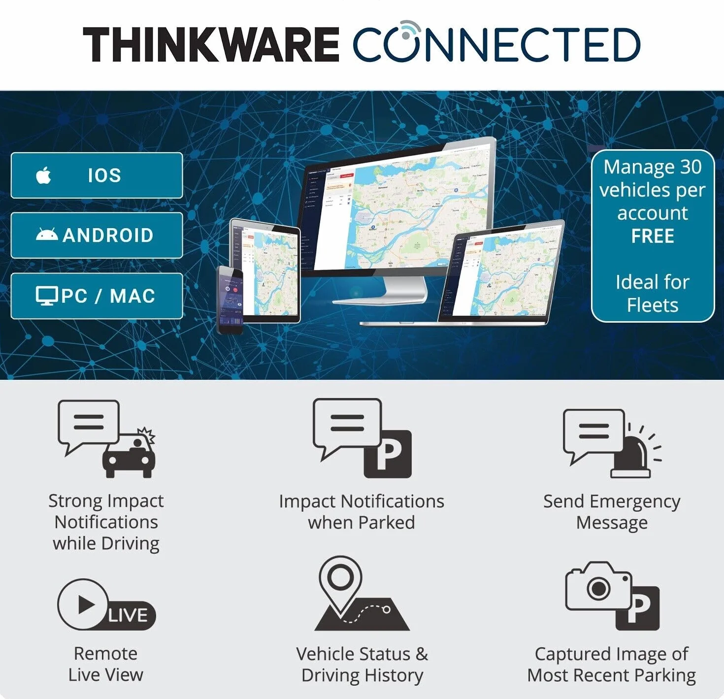 Thinkware Q850 Dash Cam QHD 1440p - Telecamera da cruscotto anteriore con super visione notturna, app connessa - Include cavo di alimentazione per batteria, modalità di parcheggio sicuro e scheda SD