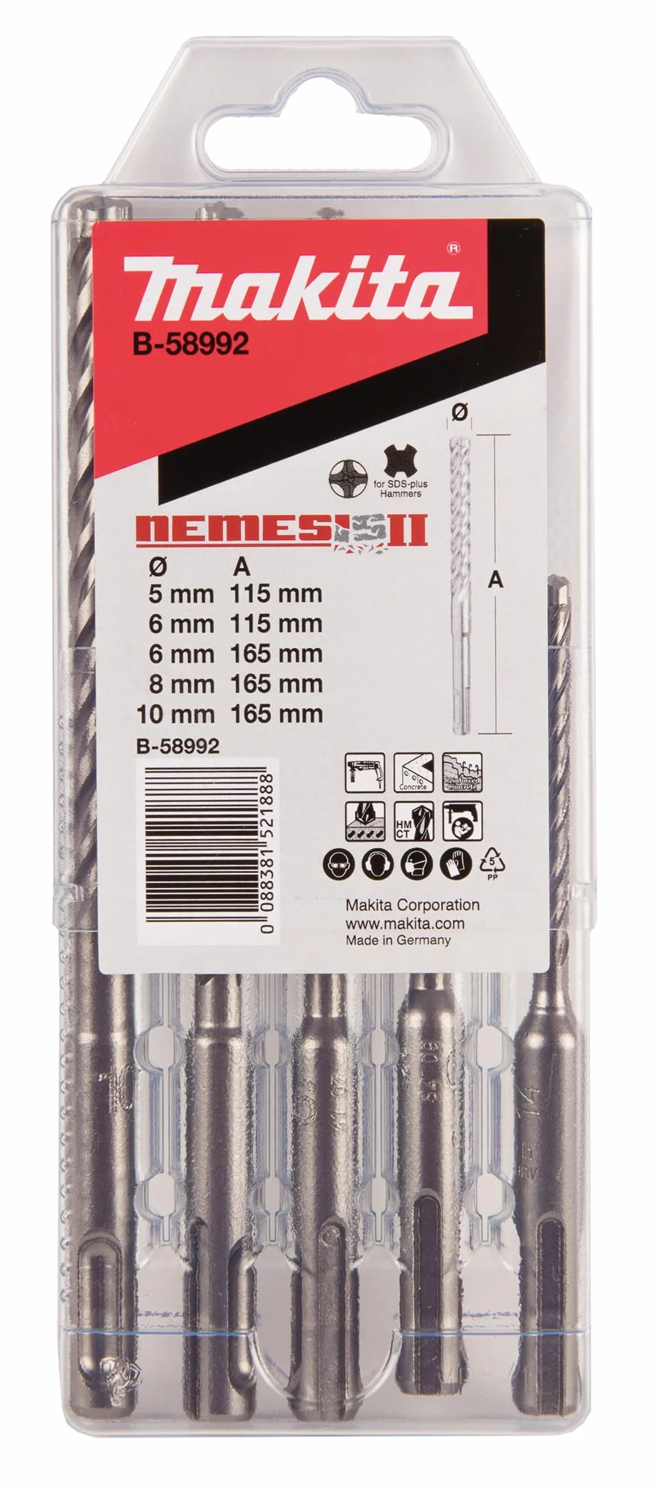 Makita B-58992 NEMESIS2 Set punte trapano SDS-Plus 5 pezzi per calcestruzzo cemento armato muratura