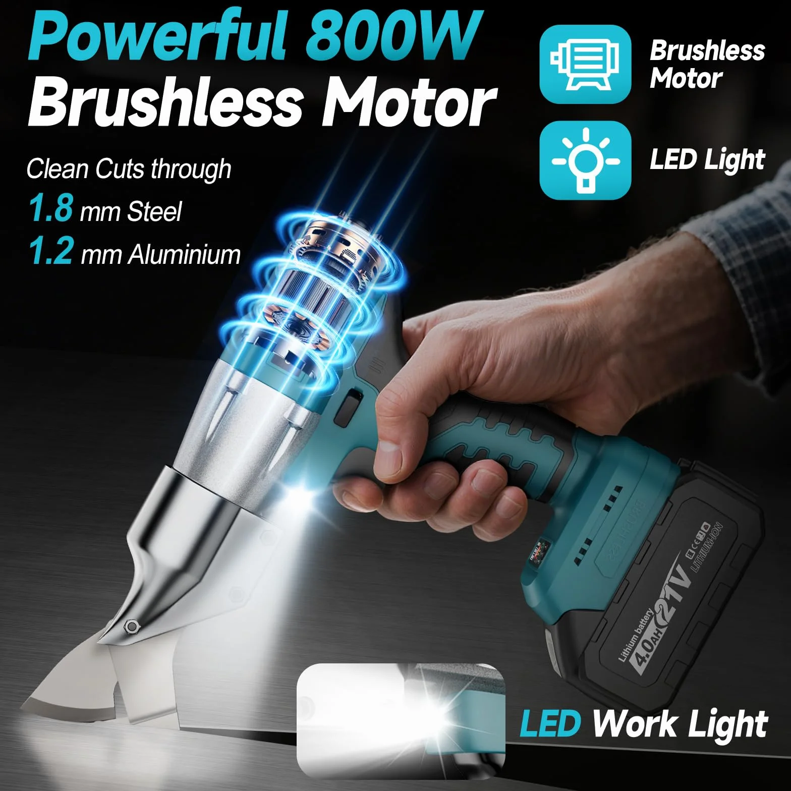 Macché? Forbici Elettriche 18V per Metallo Senza Fili con Batterie Makita Compatibili 4000mAh, Testa Girevole 360°