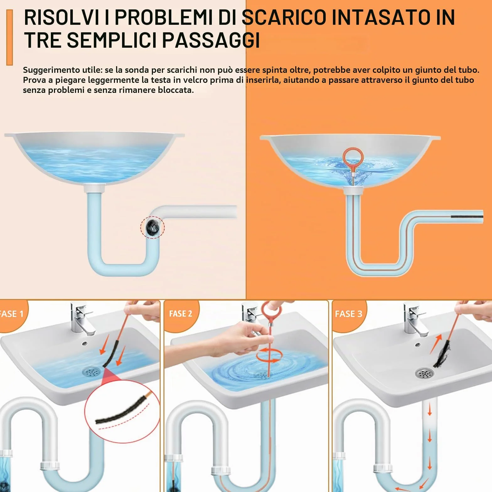 Set da 7 Stura Lavandini e Scarichi, Strumento Rimozione Capelli Serpente 76 cm + Spazzola Pulizia Flessibile 150 cm