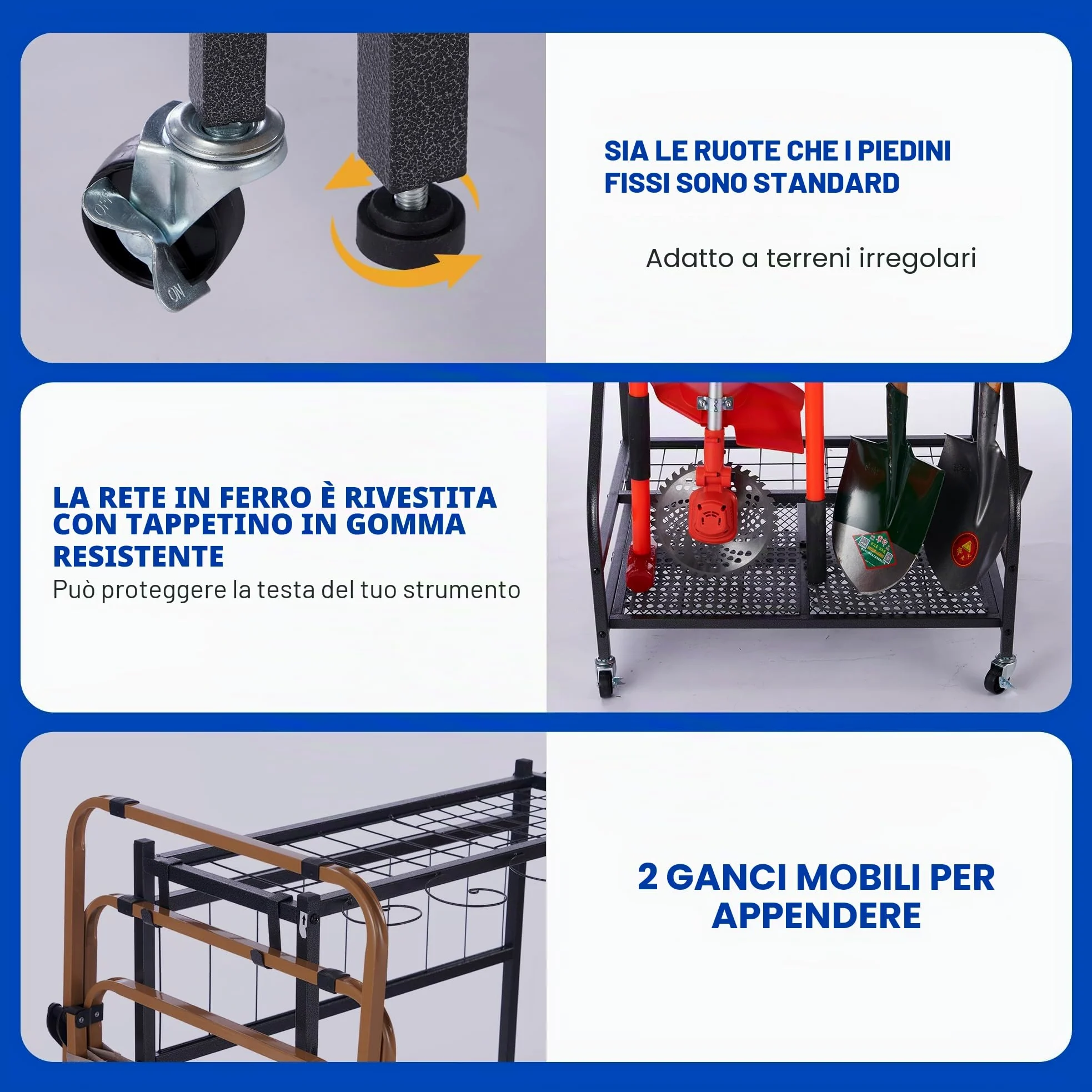Sinoer Scaffale per attrezzi da giardino con ganci e ruote, organizer per garage, ripiani in metallo a 3 livelli, supporto per prato, capannone e cortile