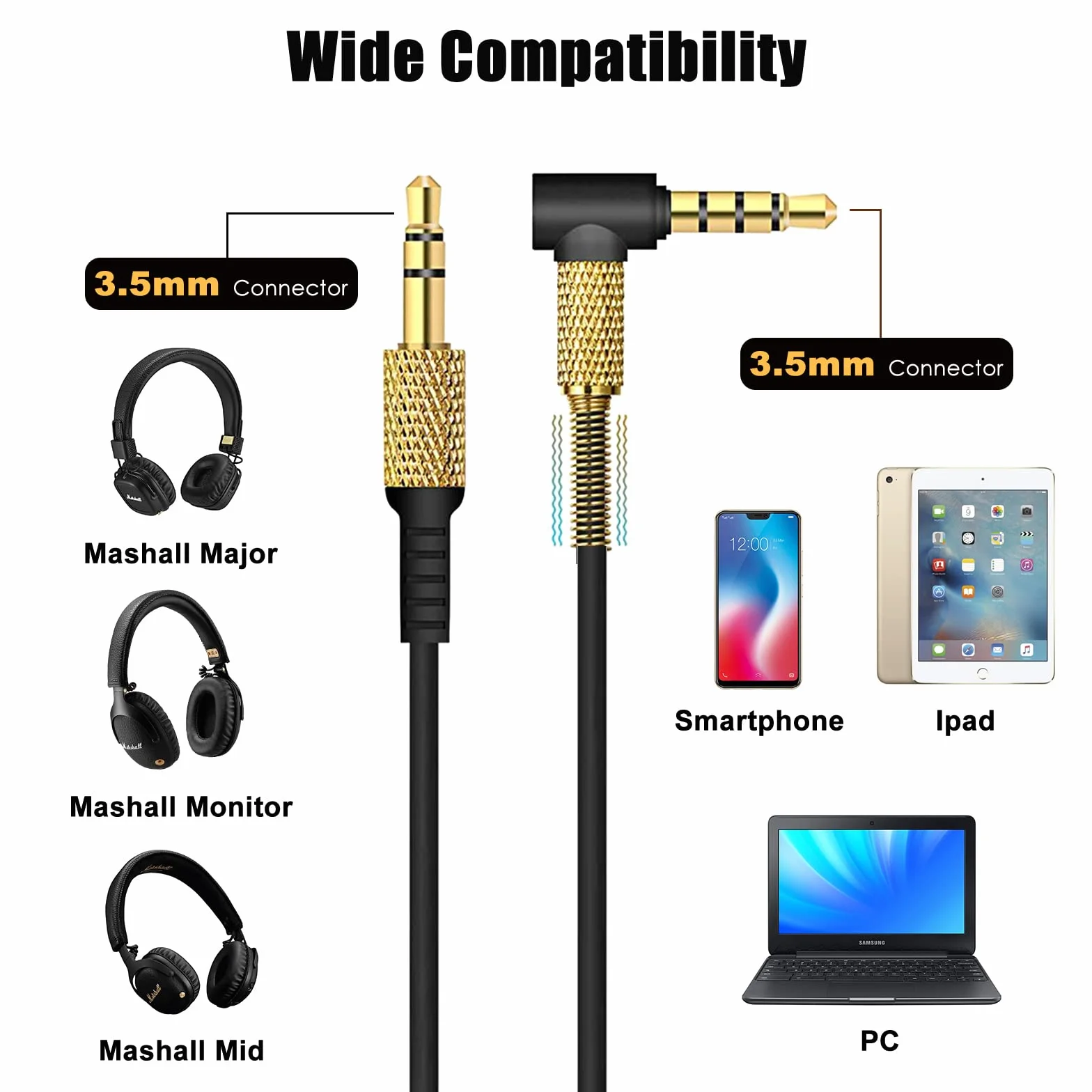 Yizhet Cavo Aux Audio Compatibile con Cuffie Marshall Major III Marshall Major II Major I Marshall Monitor 3,5mm Jack Cavo Audio Stereo di Ricambio con Telecomando & Microfono (1,2m, Nero)