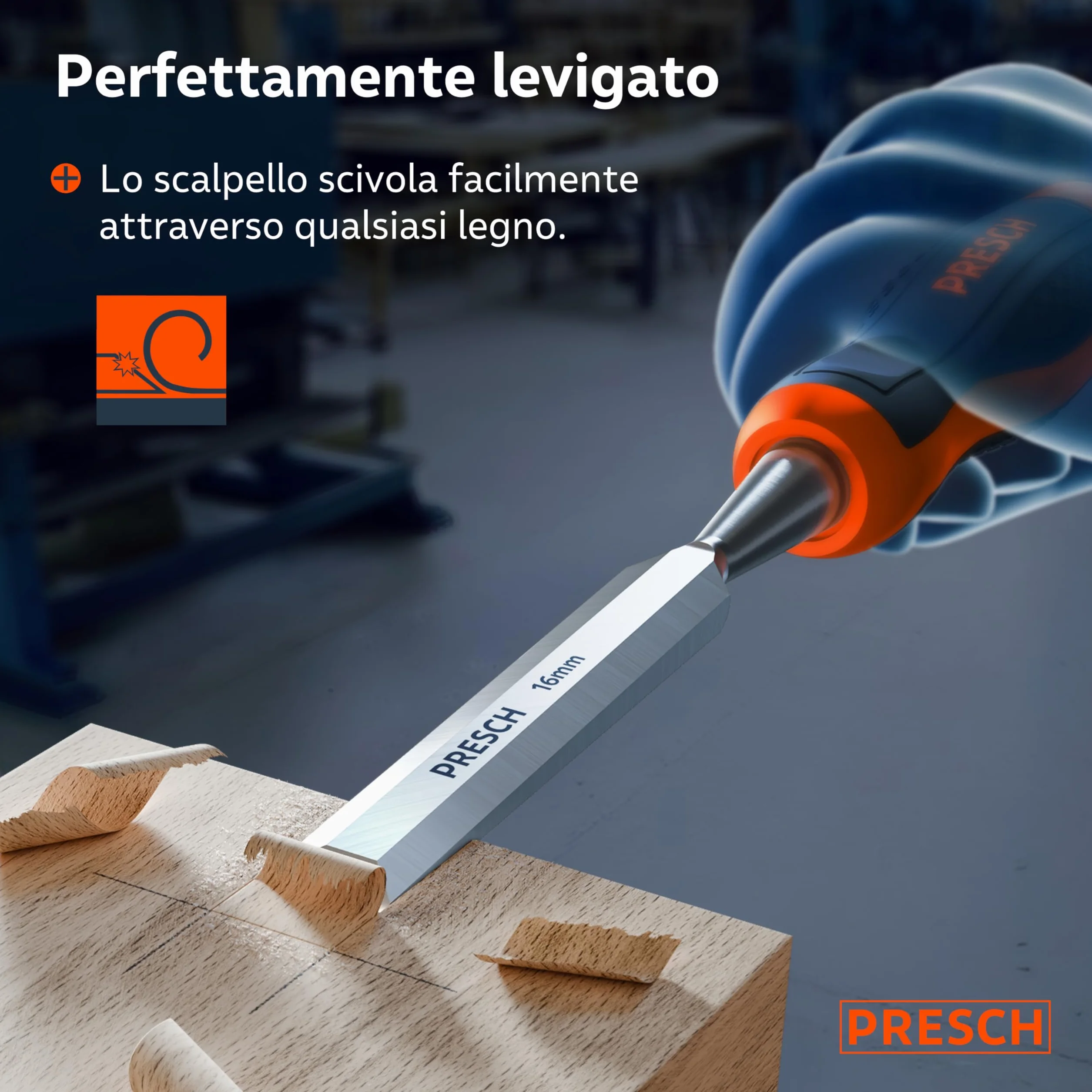 Presch Scalpello per legno 16mm 25° angolo battuta in metallo impugnatura ergonomica