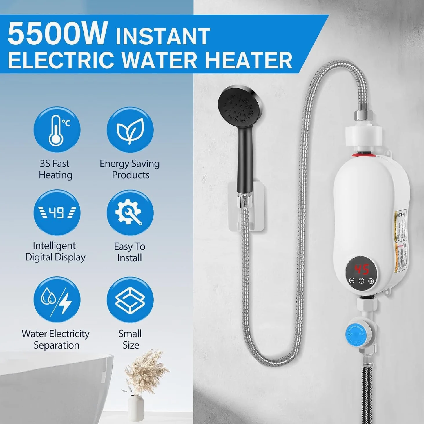 Scaldacqua elettrico istantaneo (con kit doccia) 5500 W 220 V mini scaldabagno senza serbatoio acqua calda, indicatore di temperatura LED + tecnologia intelligente inverter (5500 W)
