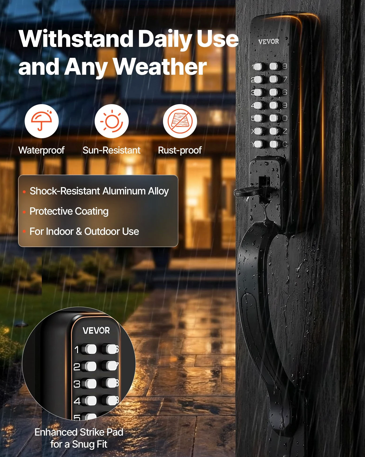 VEVOR Serratura Meccanica a Combinazione per Porte con Tastiera Bifacciale Codice da 4-7 Cifre con Manico, Serratura Senza Chiave a Combinazione Porte d'Ingresso, Giardino, Cancello, Nero